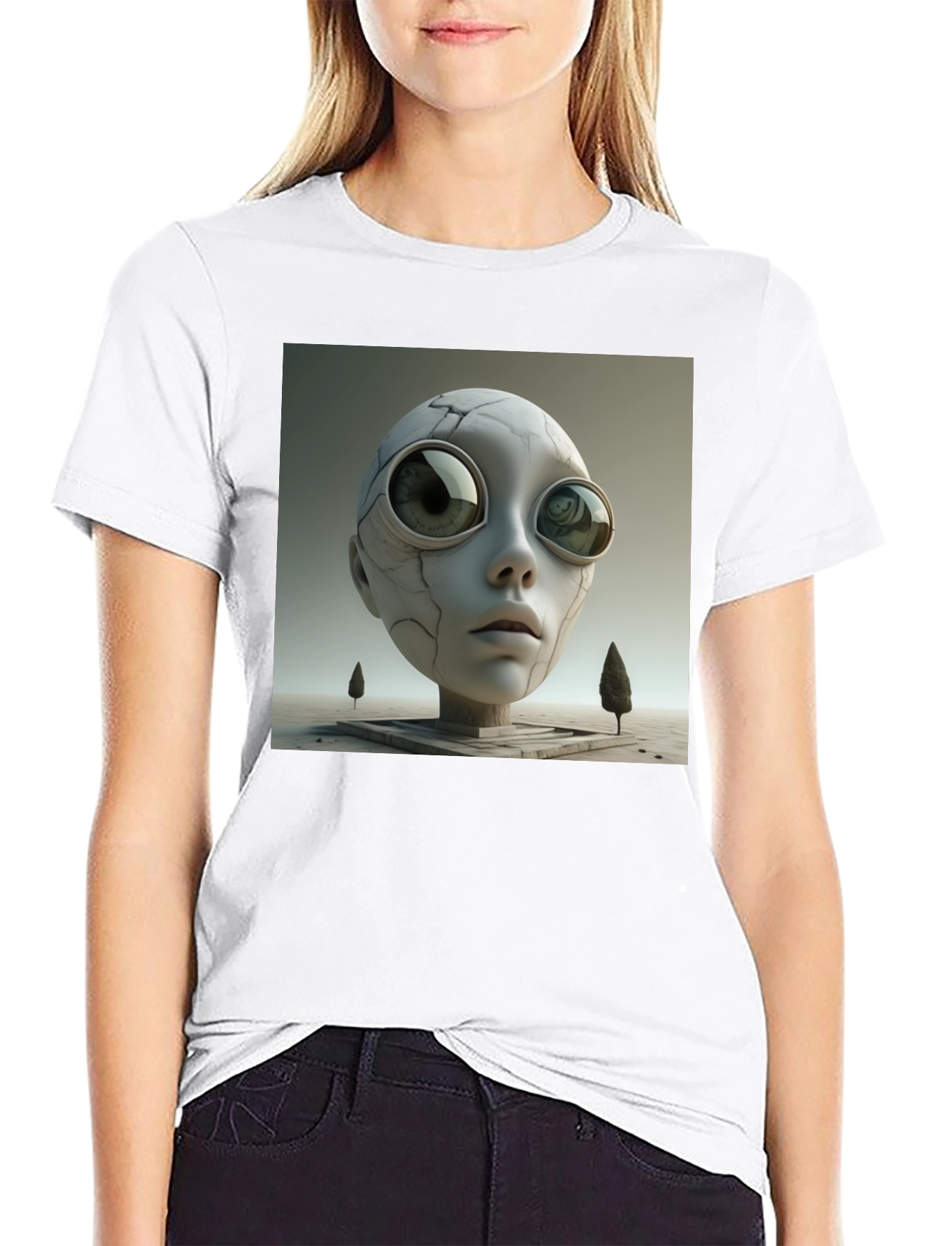 Camiseta Negra con Diseño Abstracto de Cabeza Alienígena