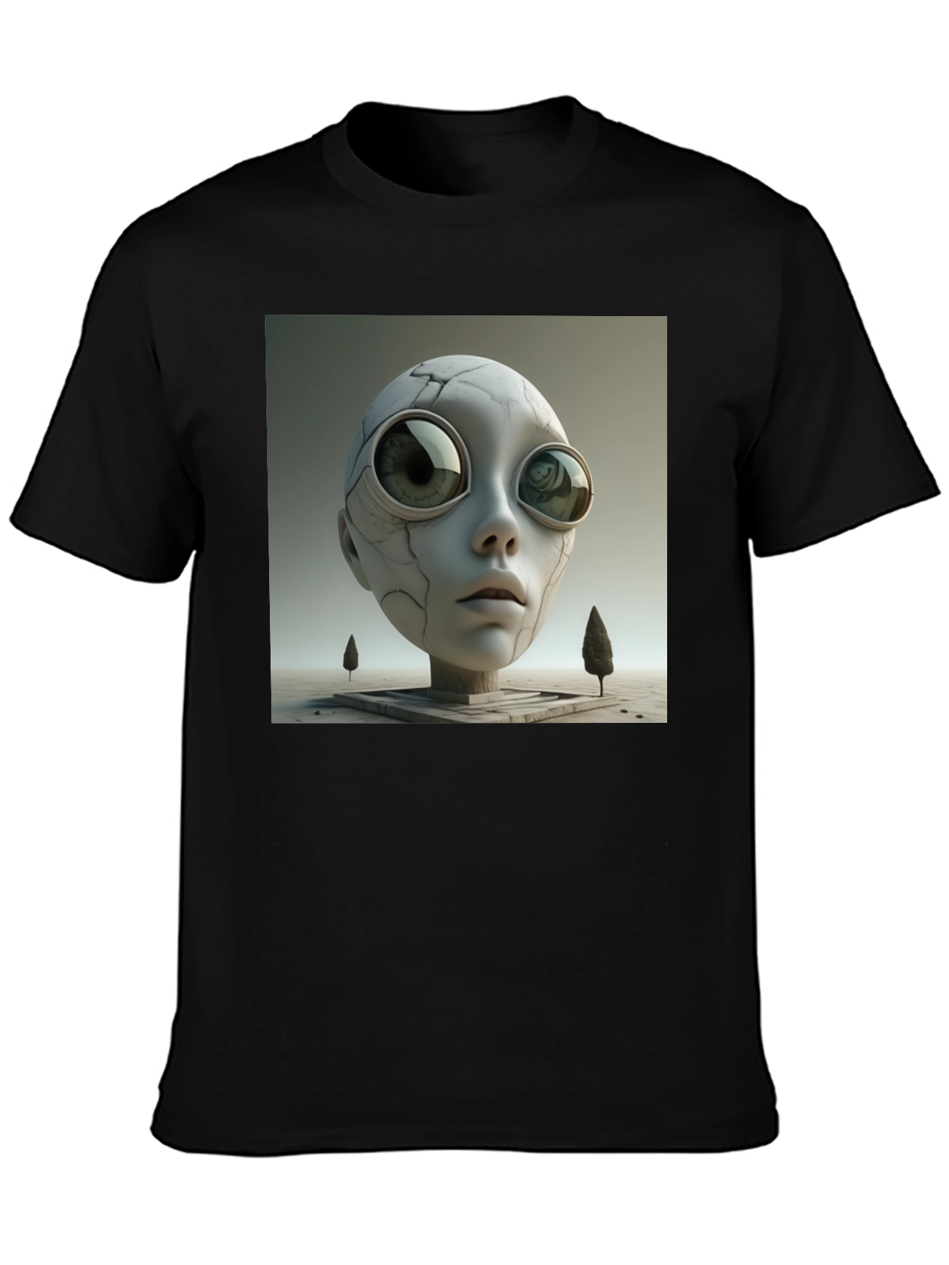 Camiseta Negra con Diseño Abstracto de Cabeza Alienígena