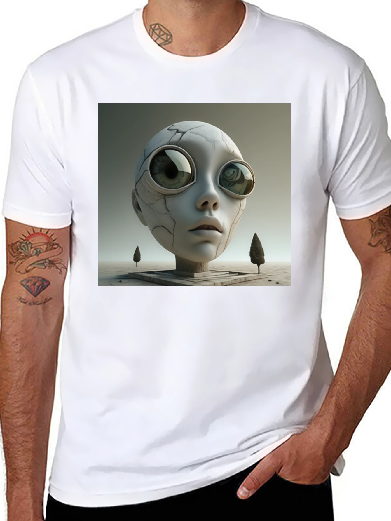 Camiseta Negra con Diseño Abstracto de Cabeza Alienígena