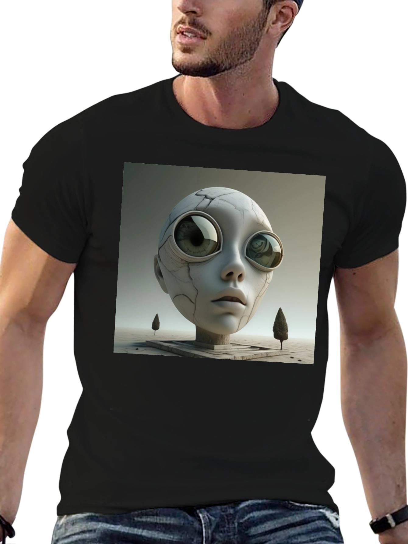 Camiseta Negra con Diseño Abstracto de Cabeza Alienígena