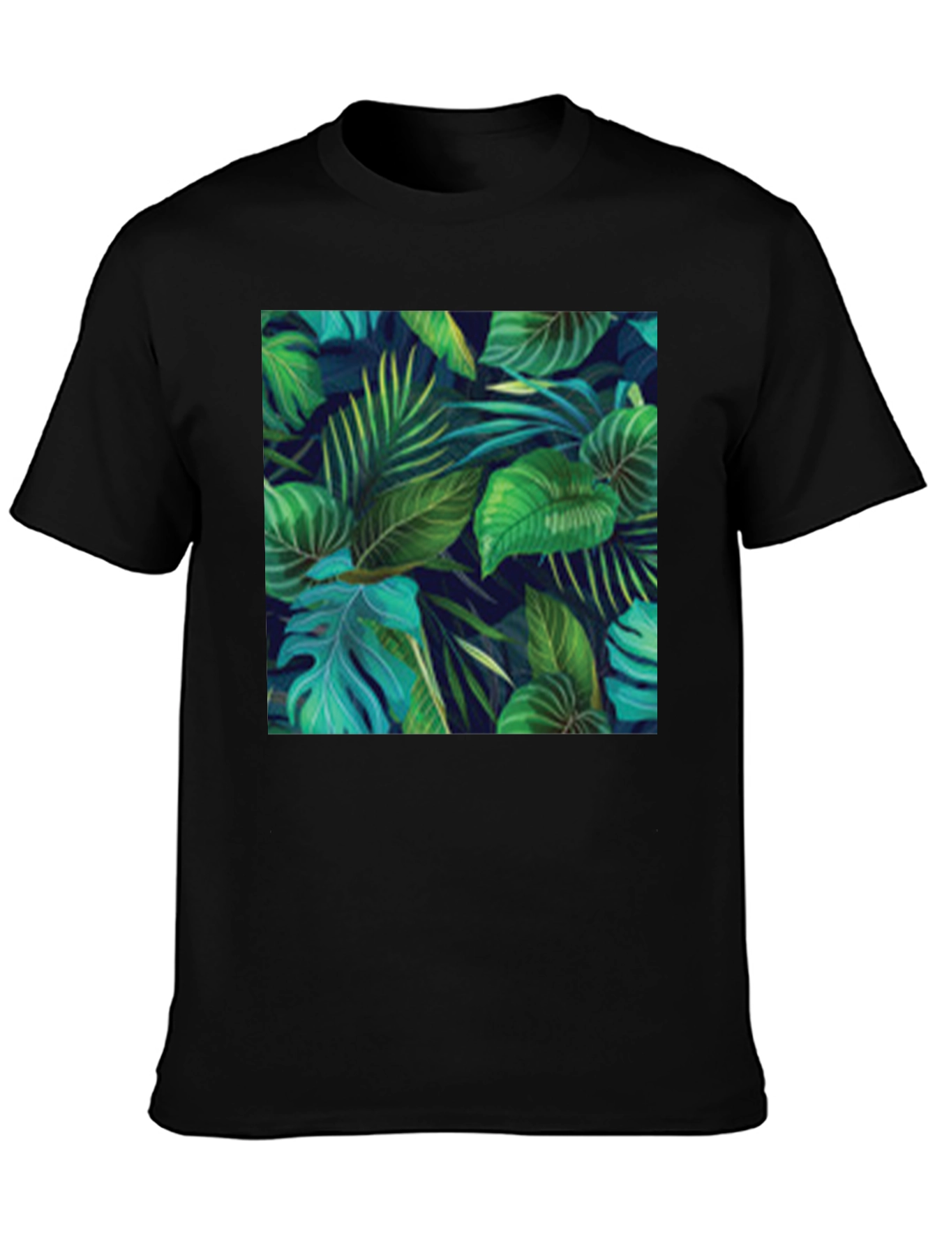 Camiseta Negra con Diseño de Hojas Tropicales