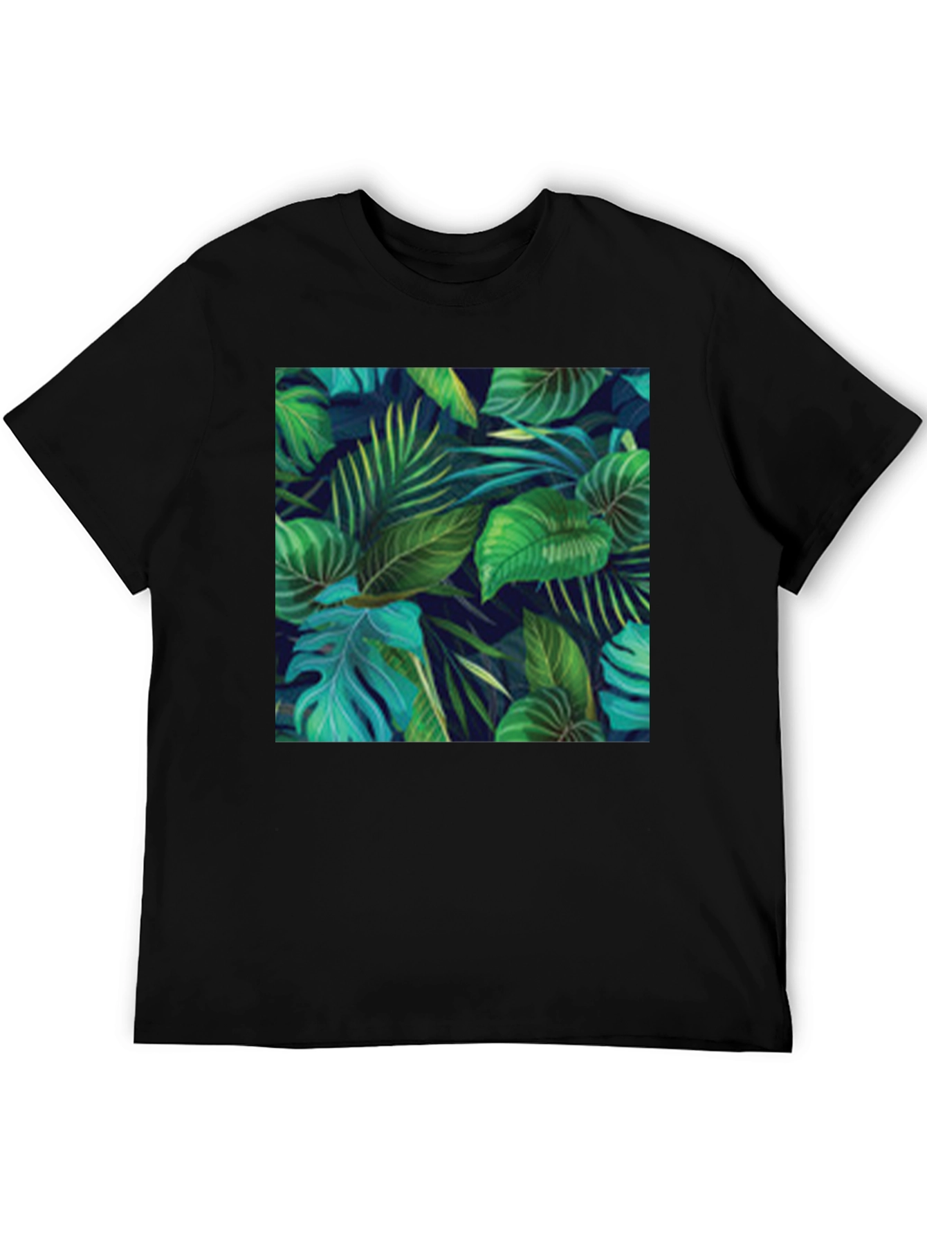 Camiseta Negra con Diseño de Hojas Tropicales