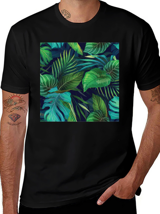 Camiseta Negra con Diseño de Hojas Tropicales
