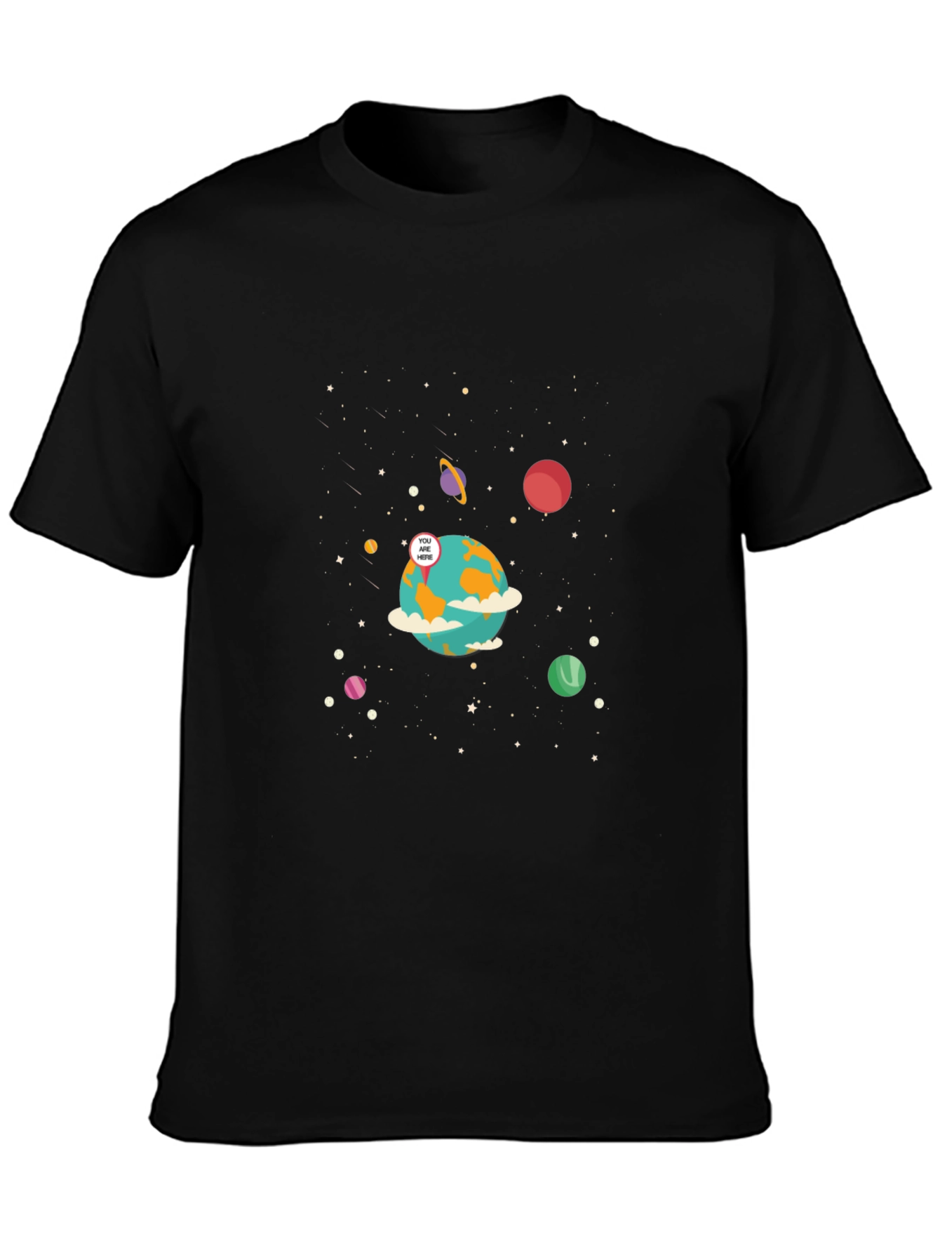 Camiseta Negra con Diseño Espacial Estás Aquí