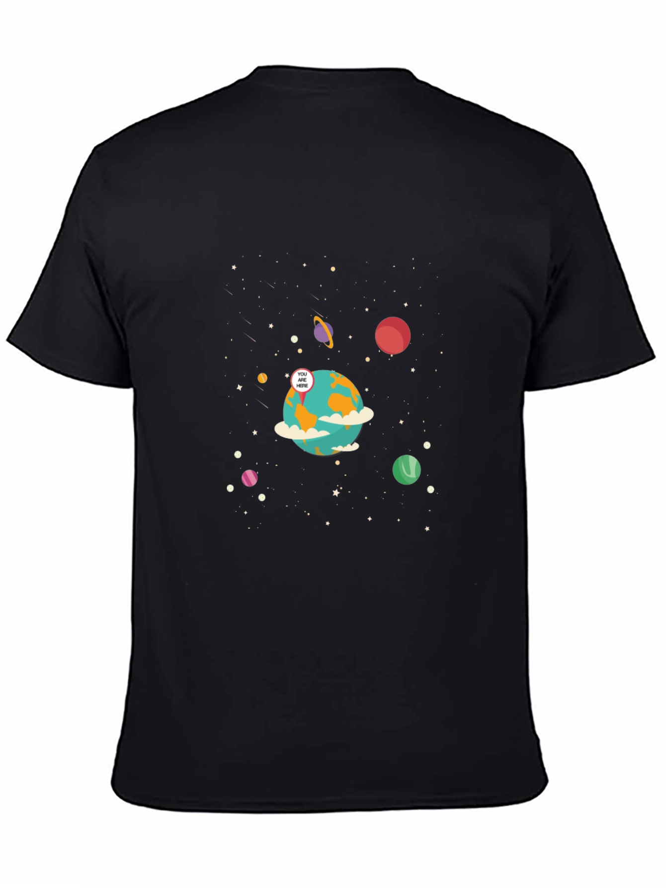 Camiseta Negra con Diseño Espacial Estás Aquí