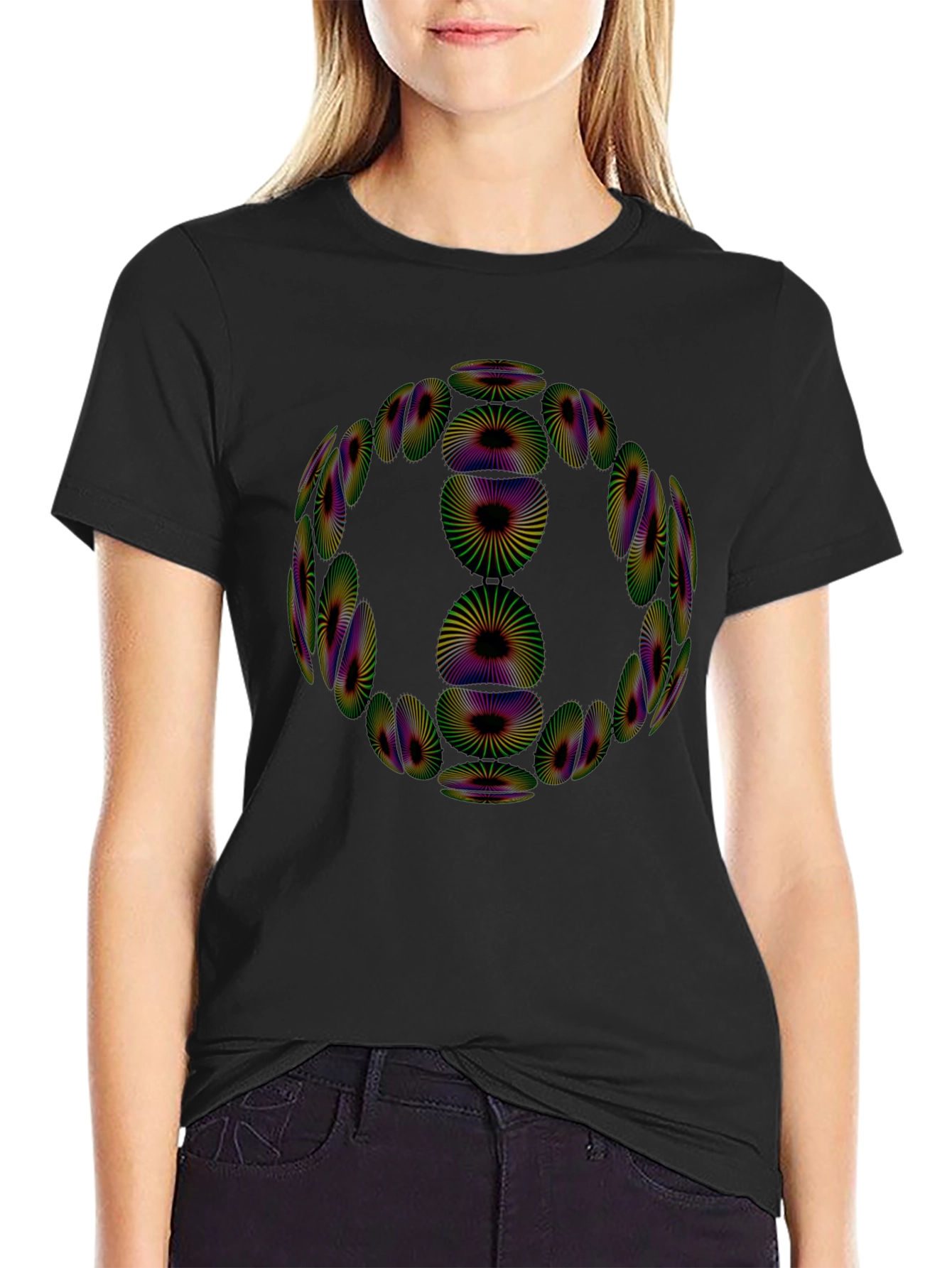 Camiseta Negra Diseño Geométrico Psicodélico
