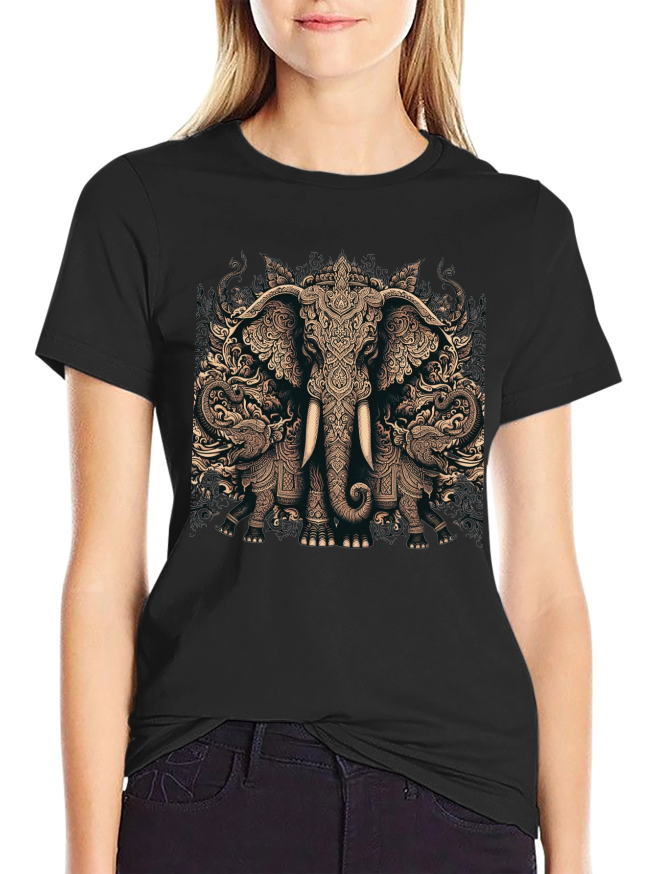 Camiseta Negra con Diseño de Elefante Tribal