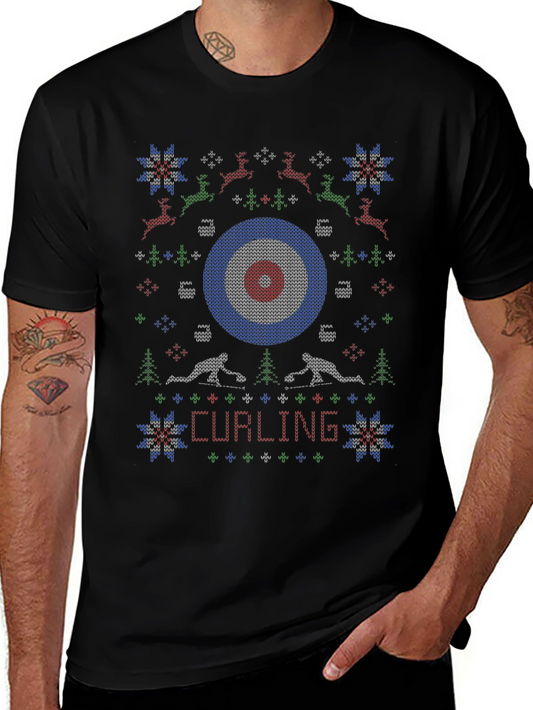 Camiseta Negra Navideña con Diseño de Curling
