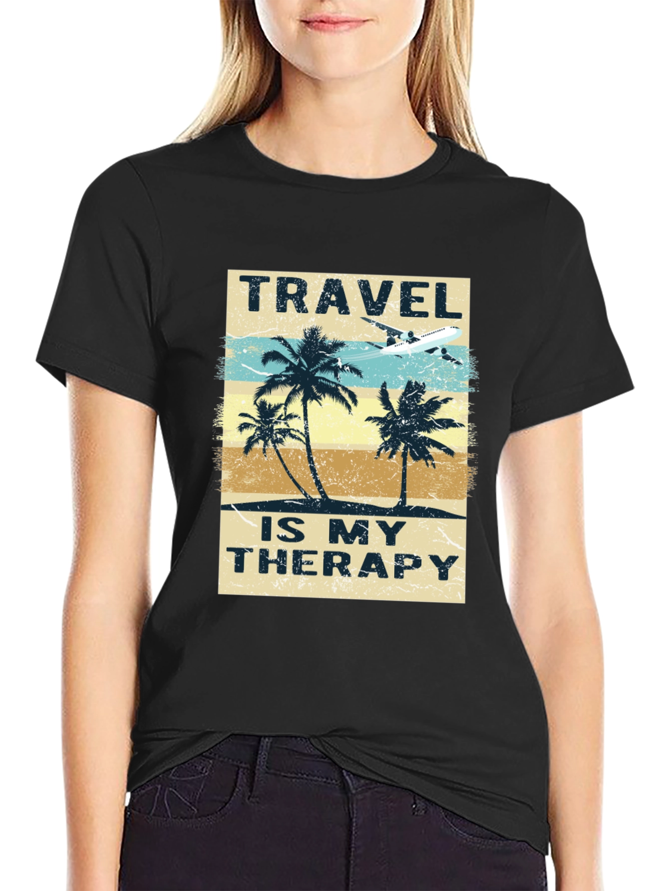 Camiseta Negra con Diseño de Viaje Terapia