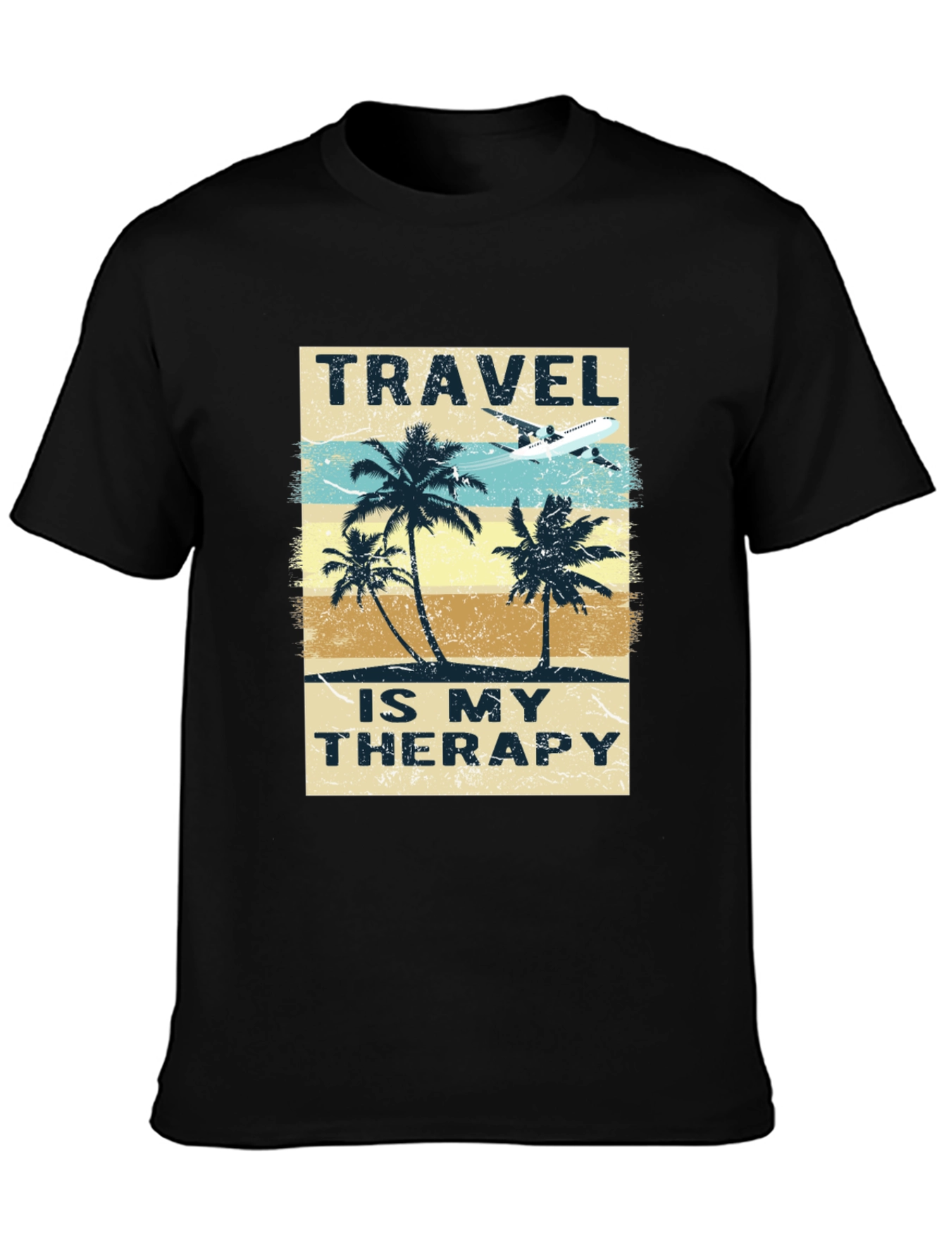 Camiseta Negra con Diseño de Viaje Terapia