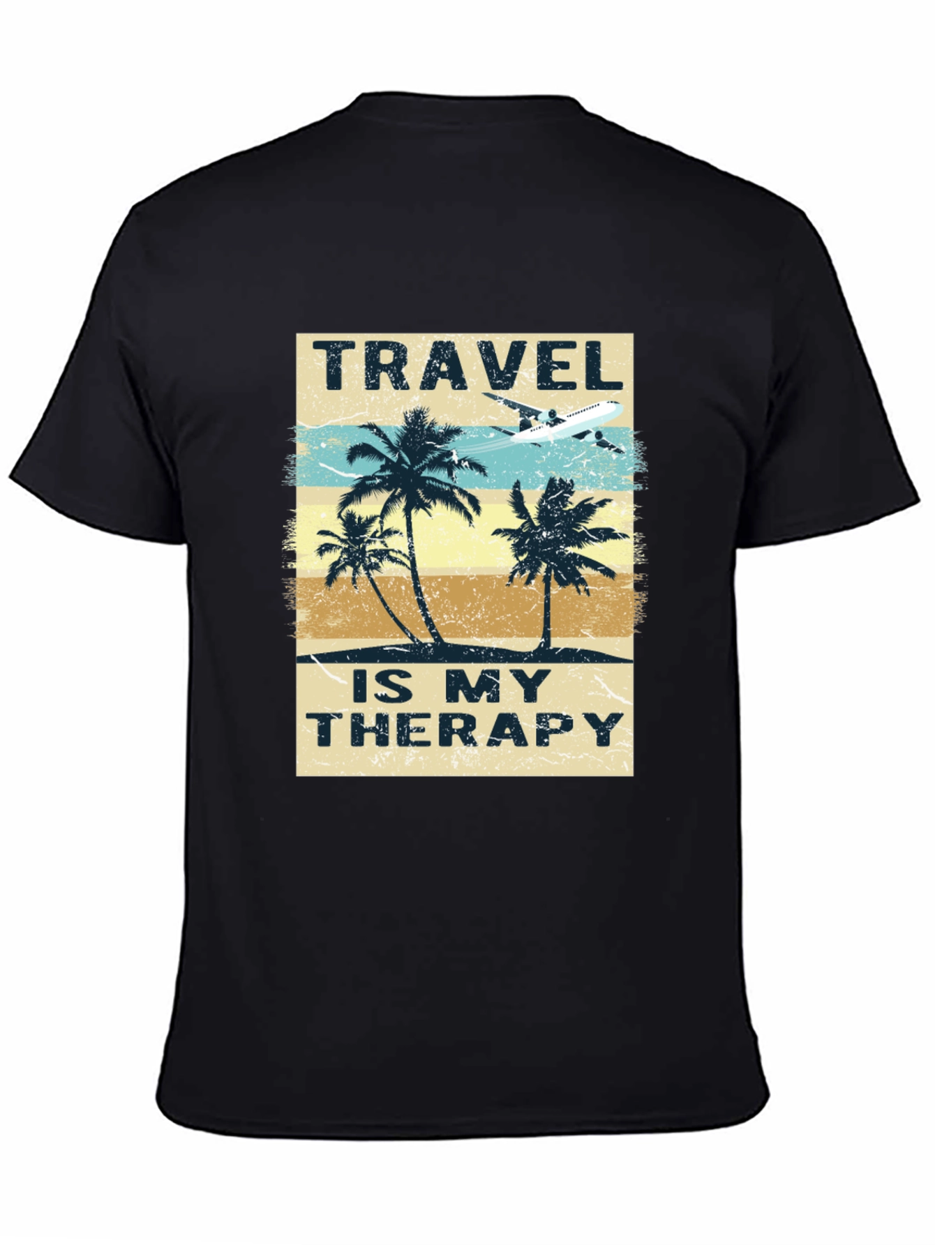 Camiseta Negra con Diseño de Viaje Terapia
