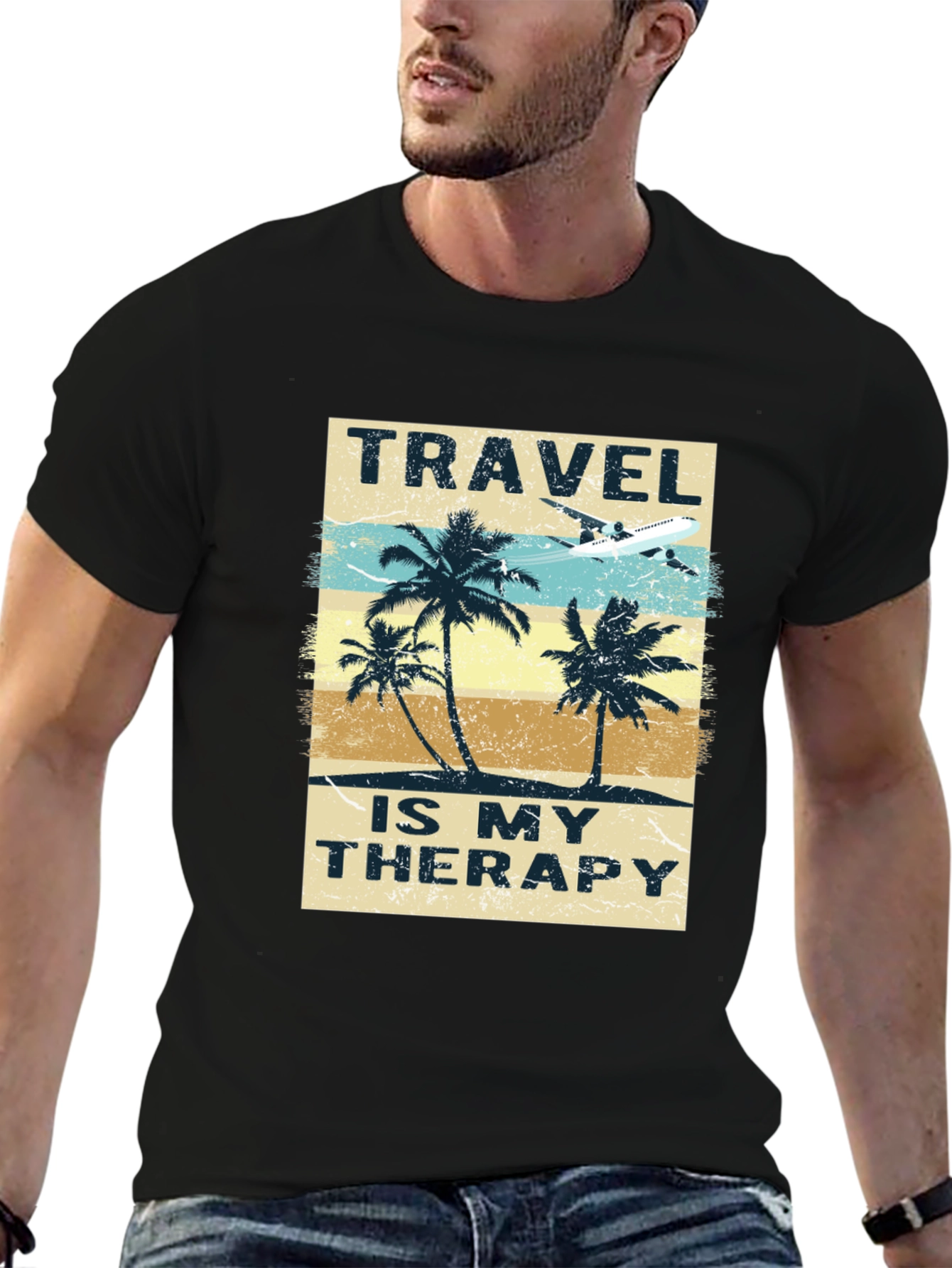 Camiseta Negra con Diseño de Viaje Terapia