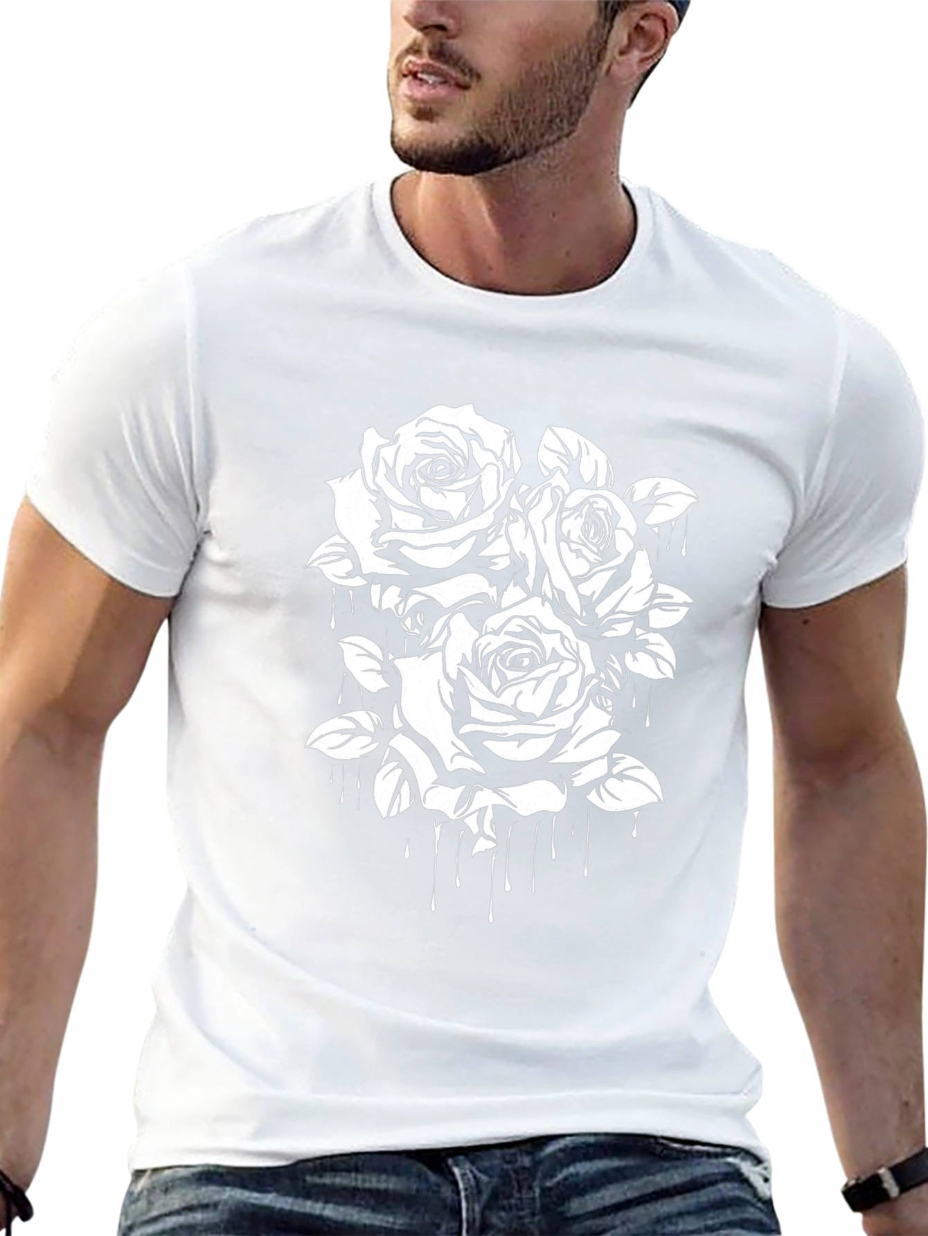 Camiseta Negra con Rosas Blancas Estampadas