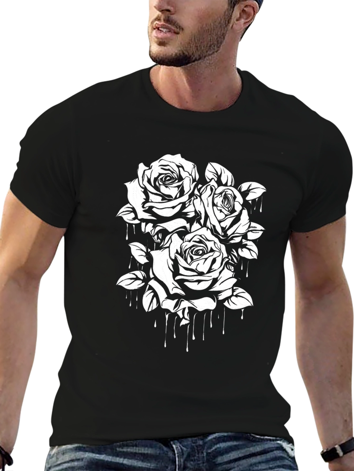 Camiseta Negra con Rosas Blancas Estampadas