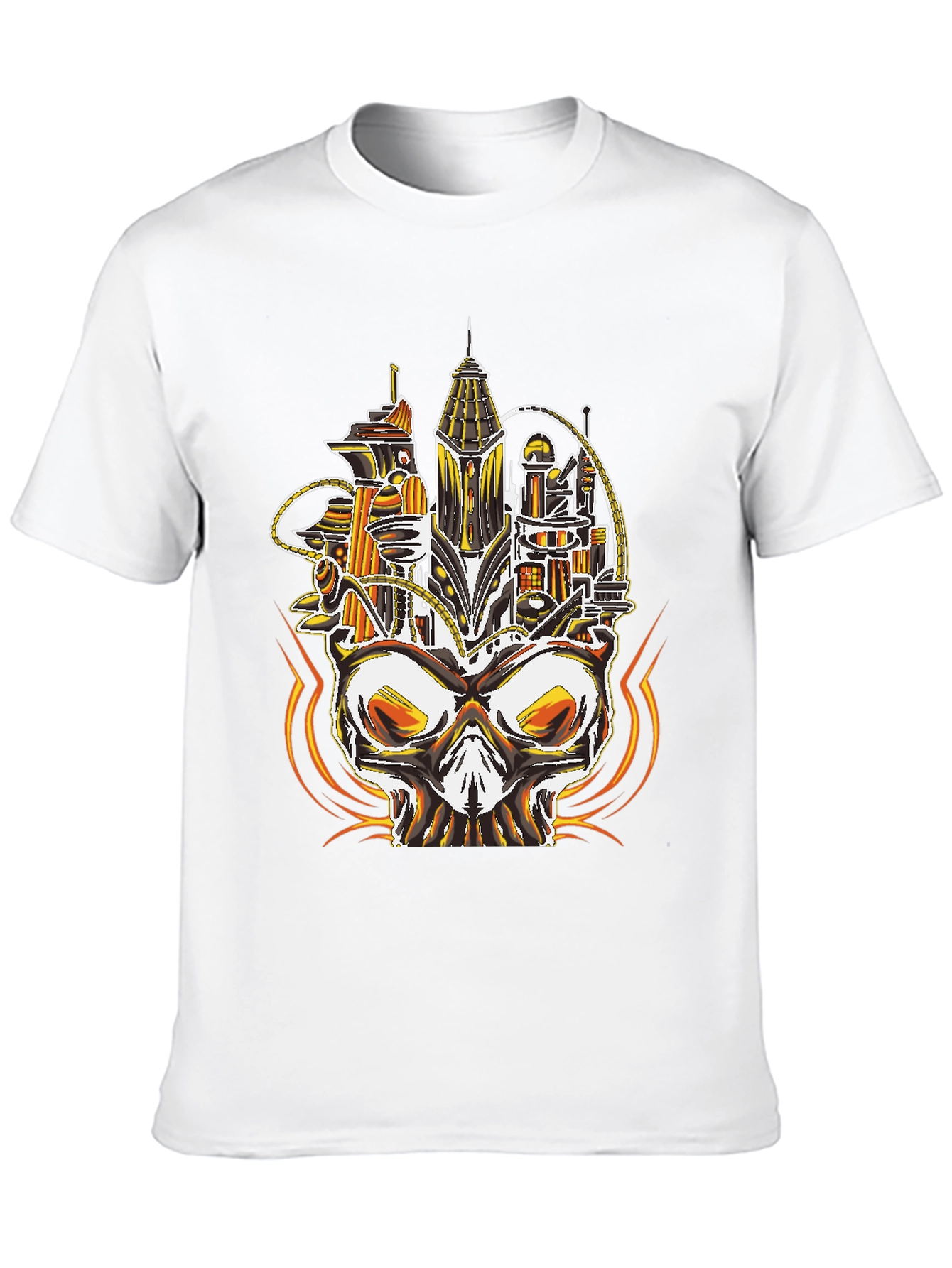 Camiseta Negra con Diseño de Ciudad en Cráneo