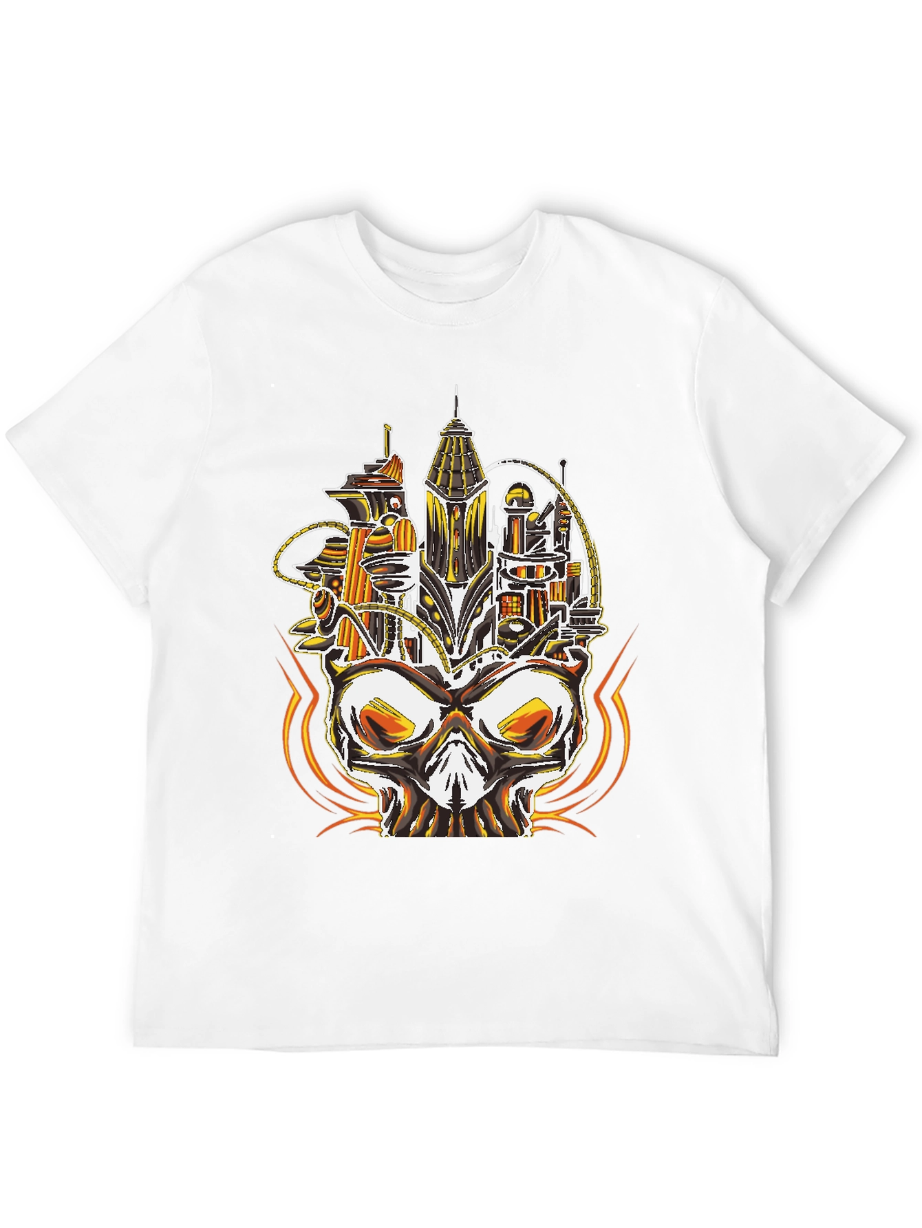 Camiseta Negra con Diseño de Ciudad en Cráneo