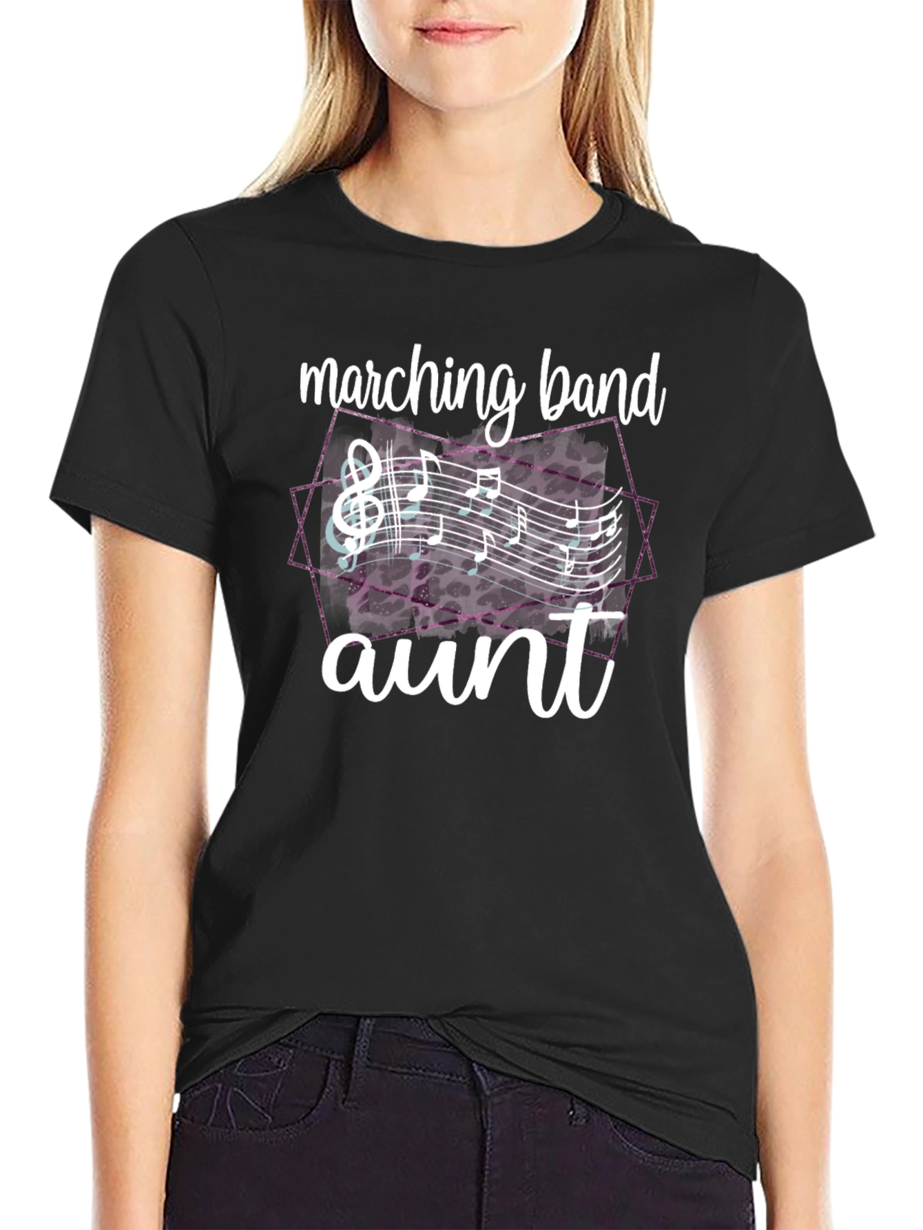 Camiseta Negra con Diseño de Banda y Notas Musicales