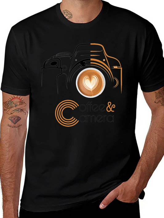 Camiseta Negra Diseño Cámara y Café para Amantes de la Fotografía