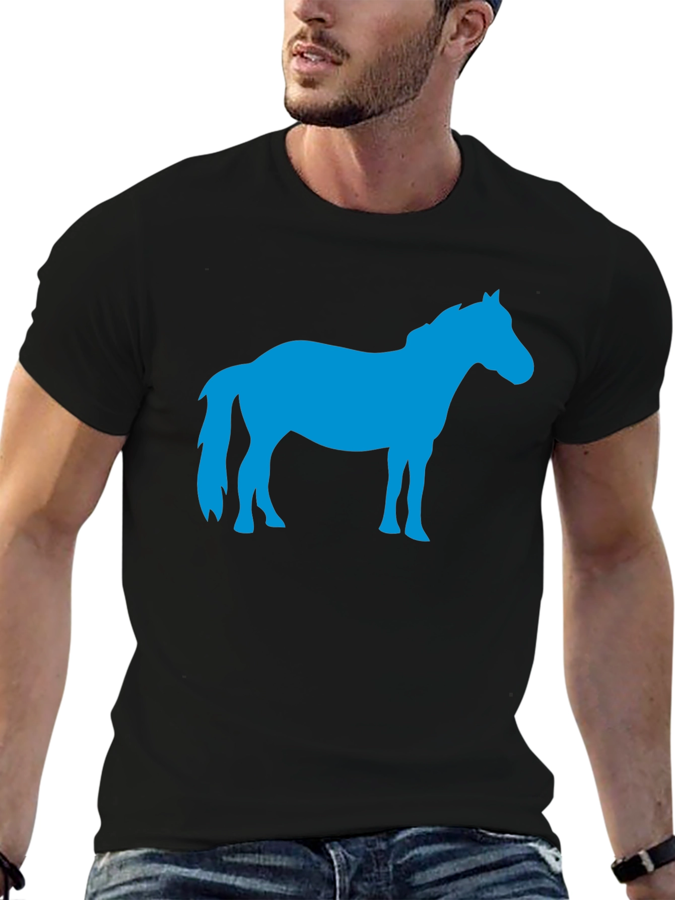 Camiseta Negra con Silueta de Caballo Azul