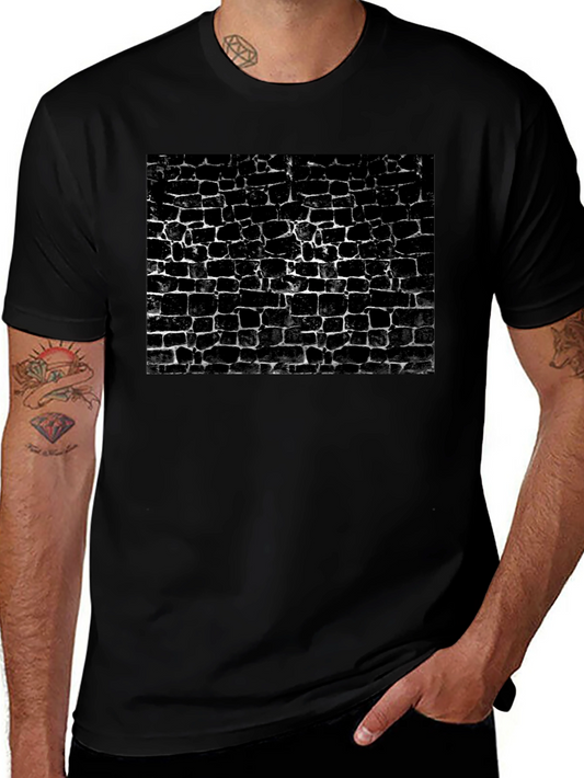Camiseta Negra Estampado Muro Ladrillo Abstracto Casual Hombre