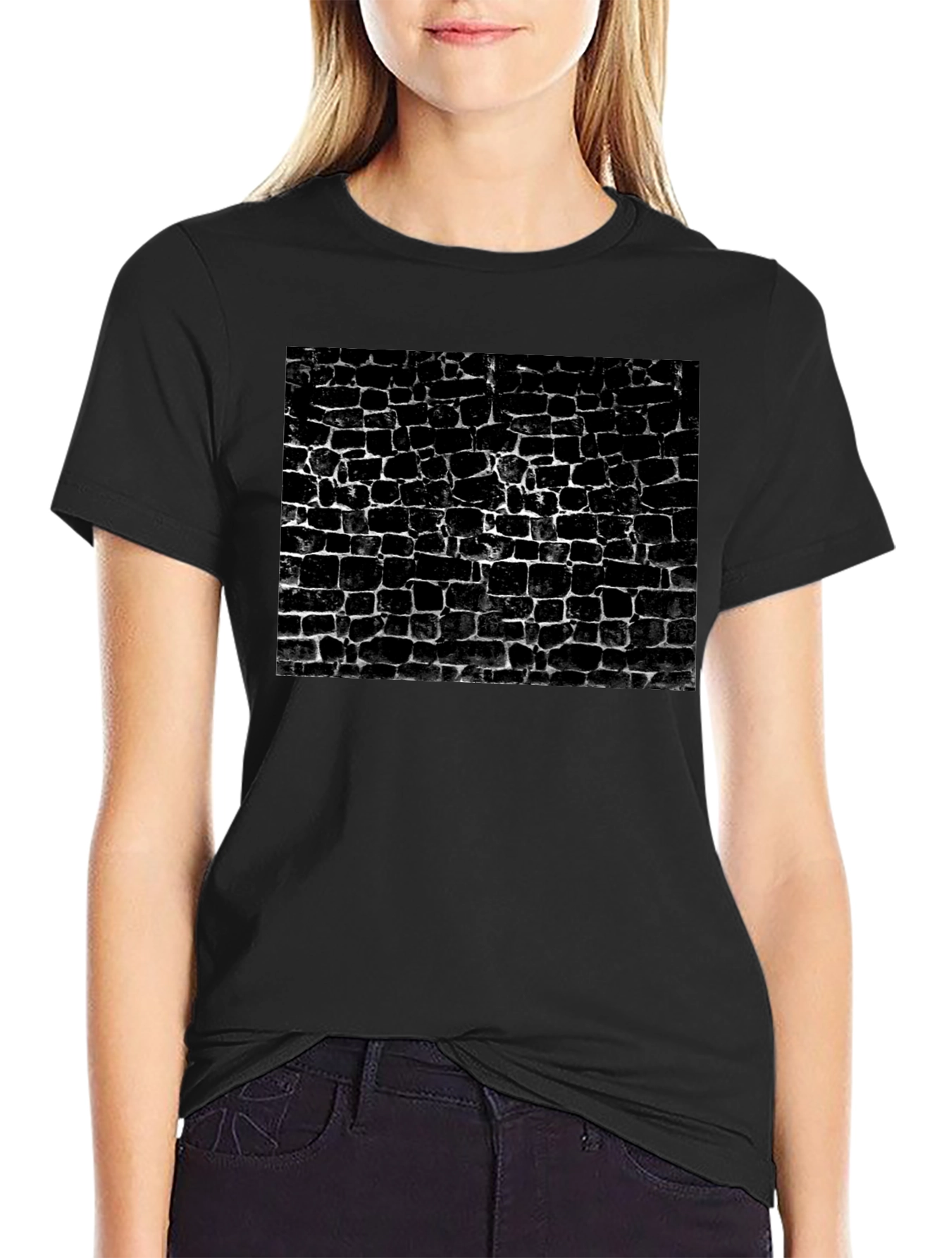 Camiseta Negra Estampado Muro Ladrillo Abstracto Casual Hombre