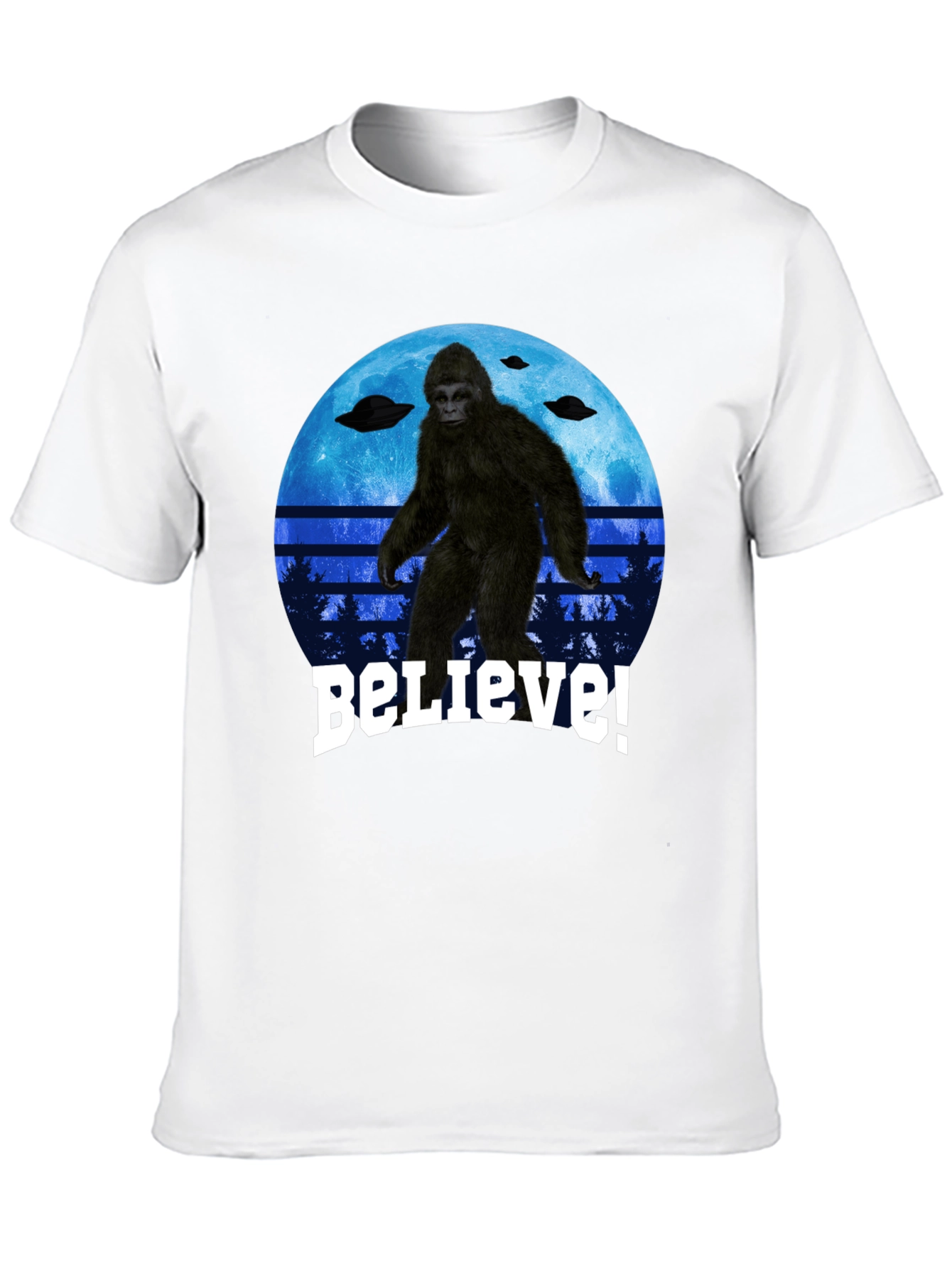 Camiseta Bigfoot Believe - Diseño OVNI y Luna Azul