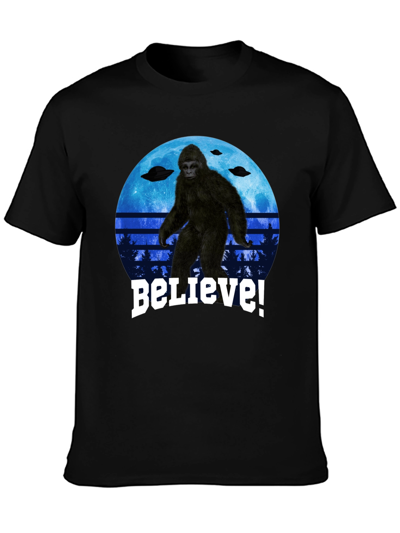 Camiseta Bigfoot Believe - Diseño OVNI y Luna Azul