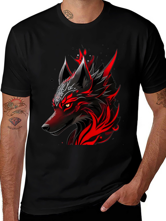 Camiseta Negra con Diseño de Lobo Rojo Intenso
