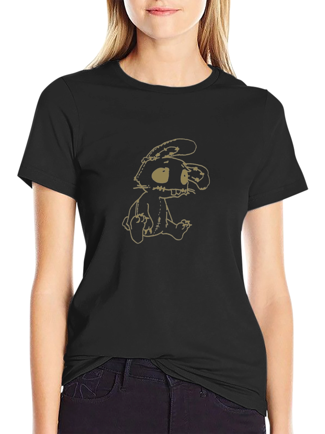 Camiseta Negra con Estampado de Conejo de Peluche