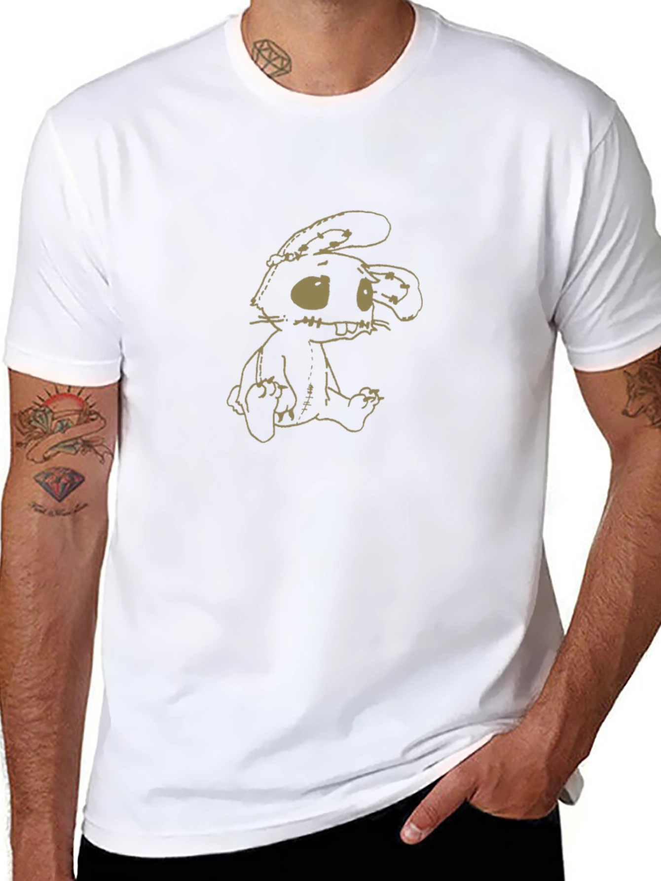 Camiseta Negra con Estampado de Conejo de Peluche