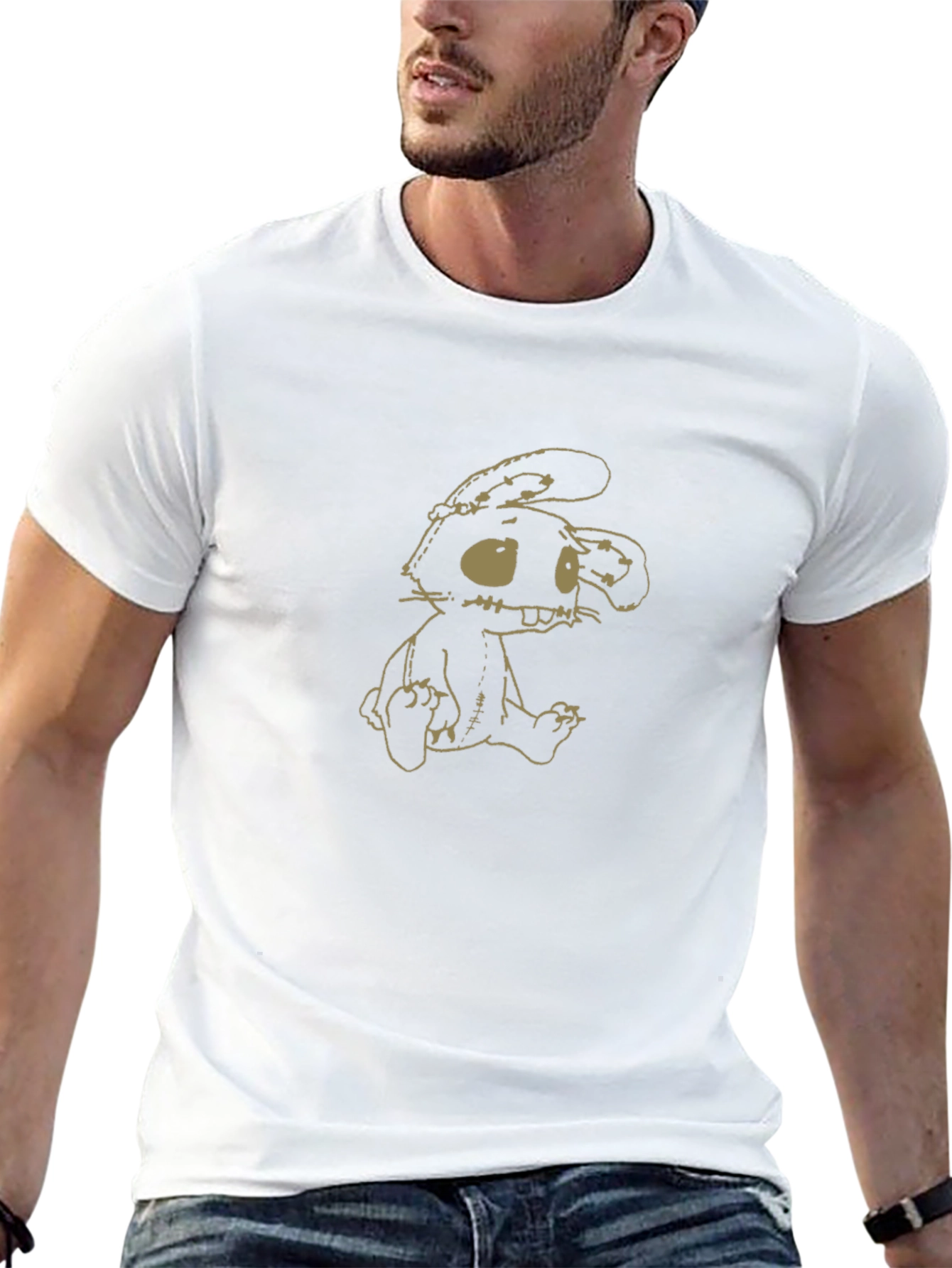 Camiseta Negra con Estampado de Conejo de Peluche