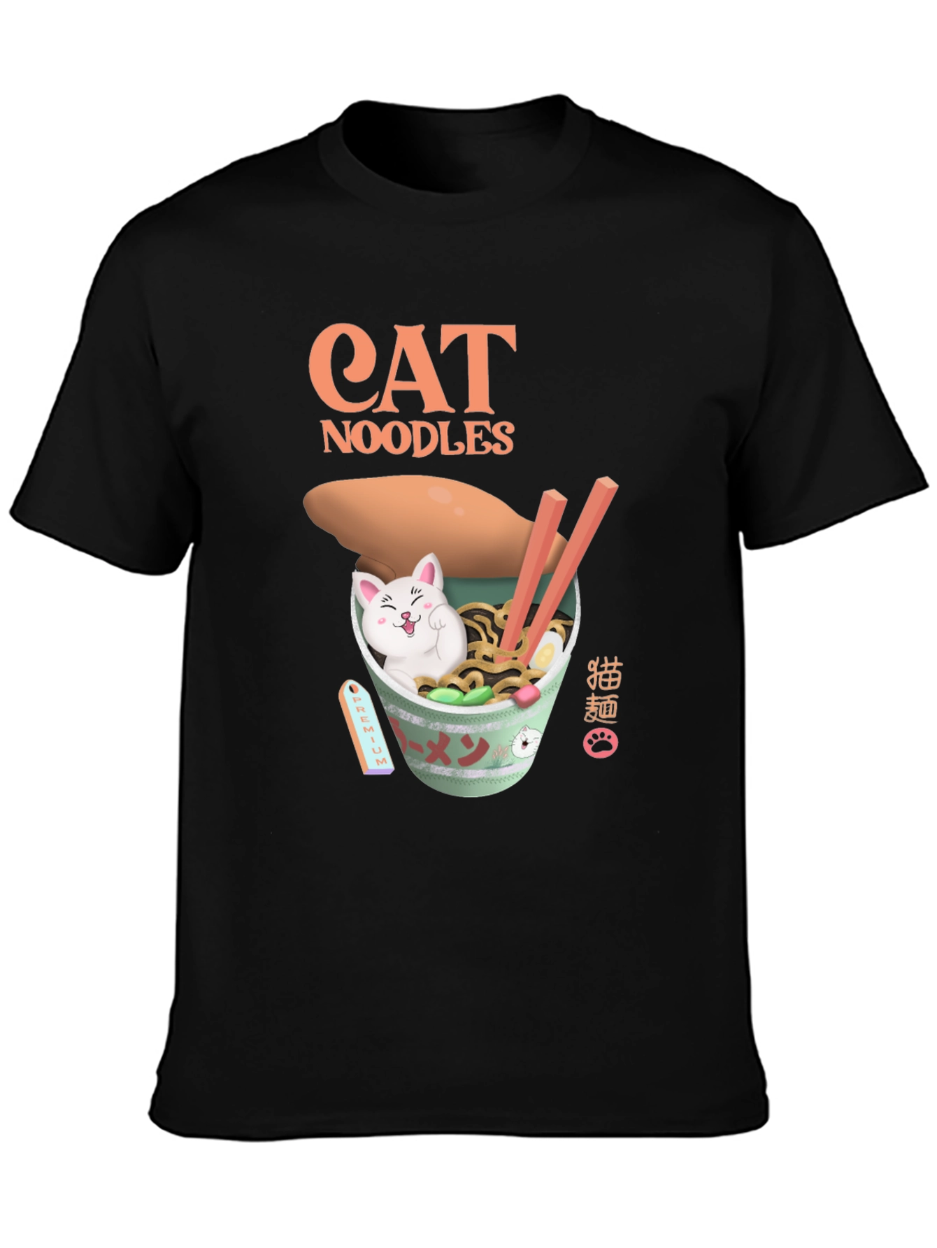Camiseta Negra con Diseño de Gato y Fideos
