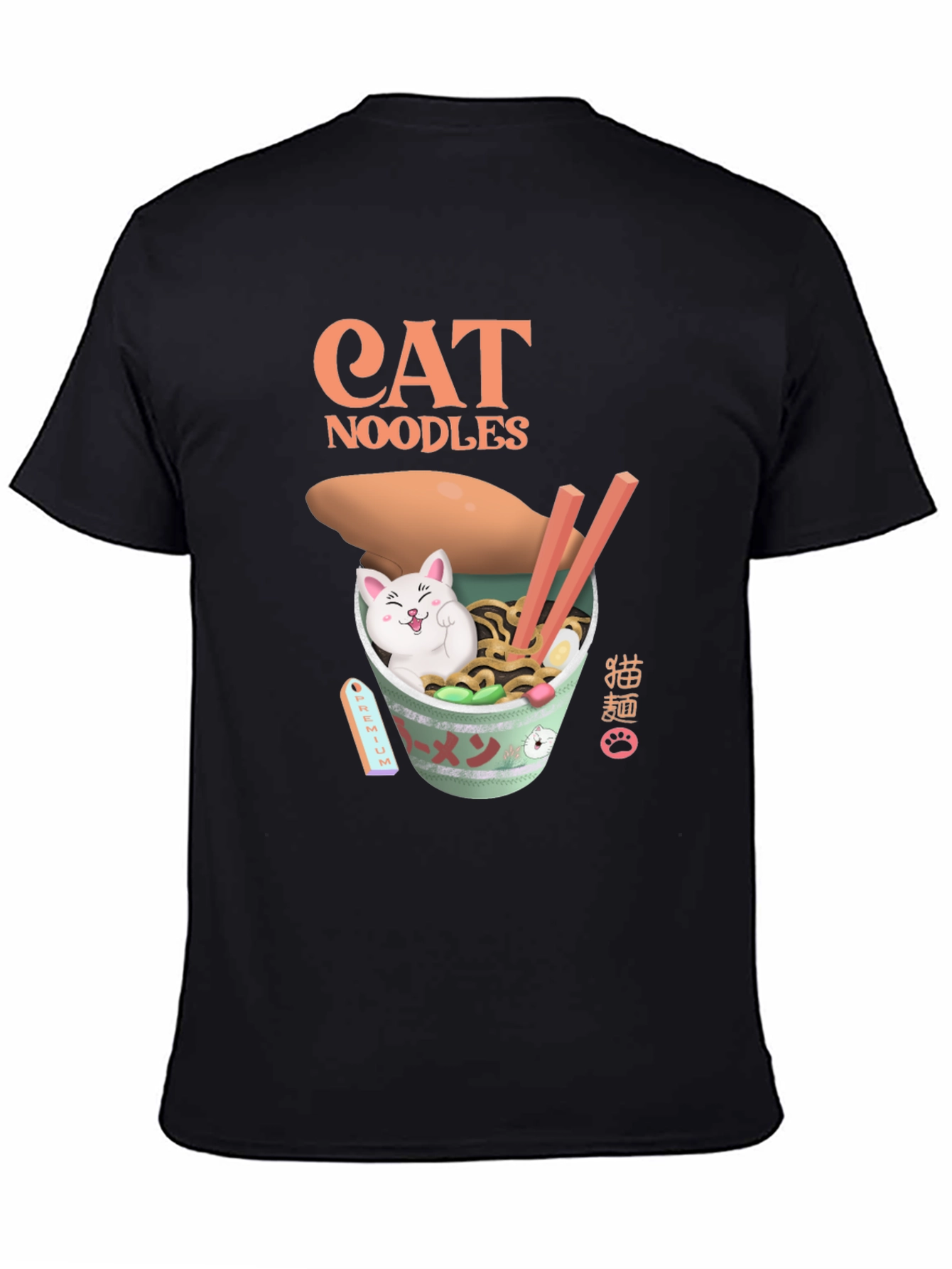Camiseta Negra con Diseño de Gato y Fideos