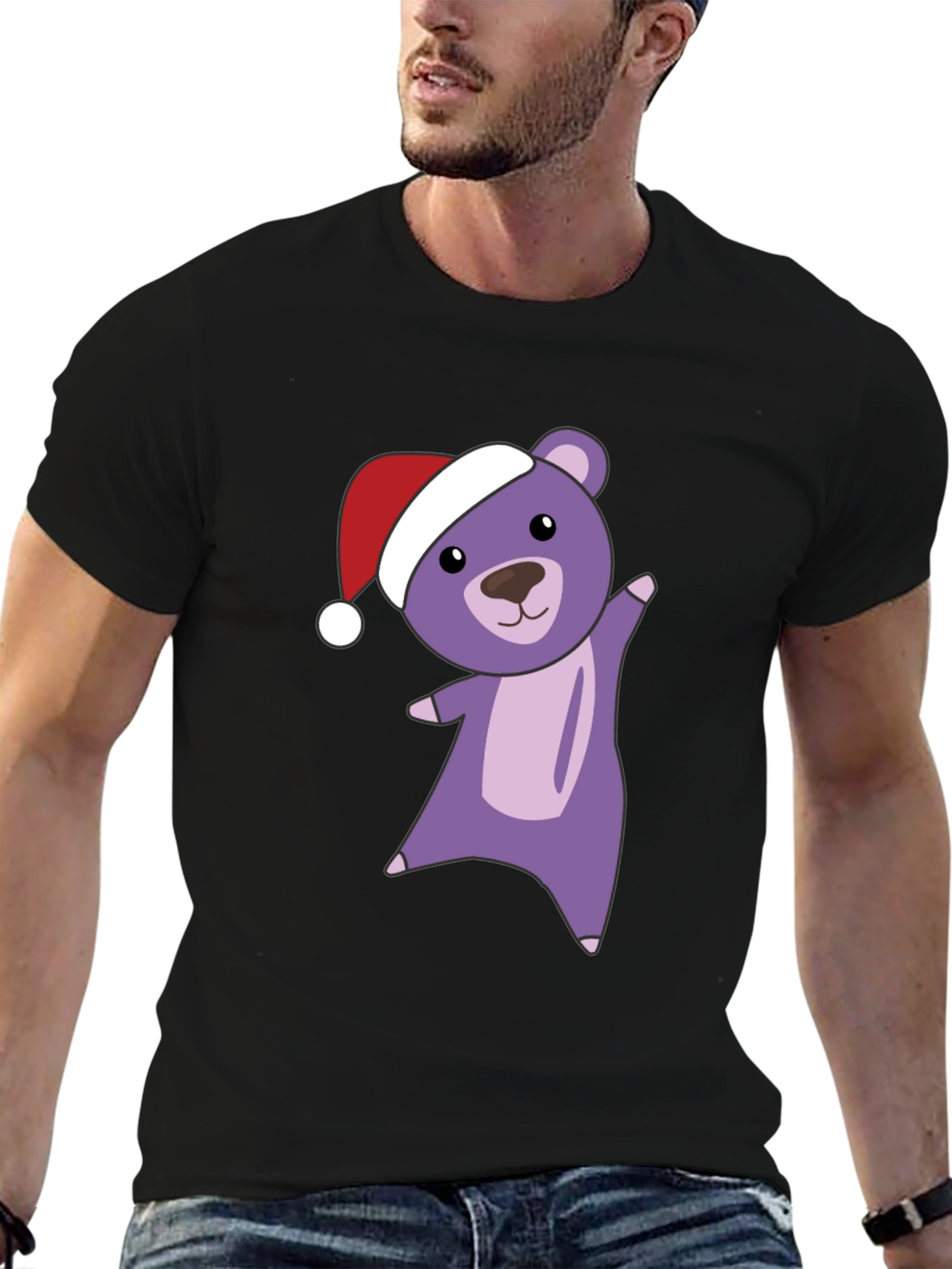 Camiseta Negra con Oso Navideño