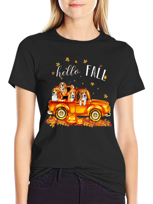 Camiseta Negra Hello Fall con Diseño de Perros