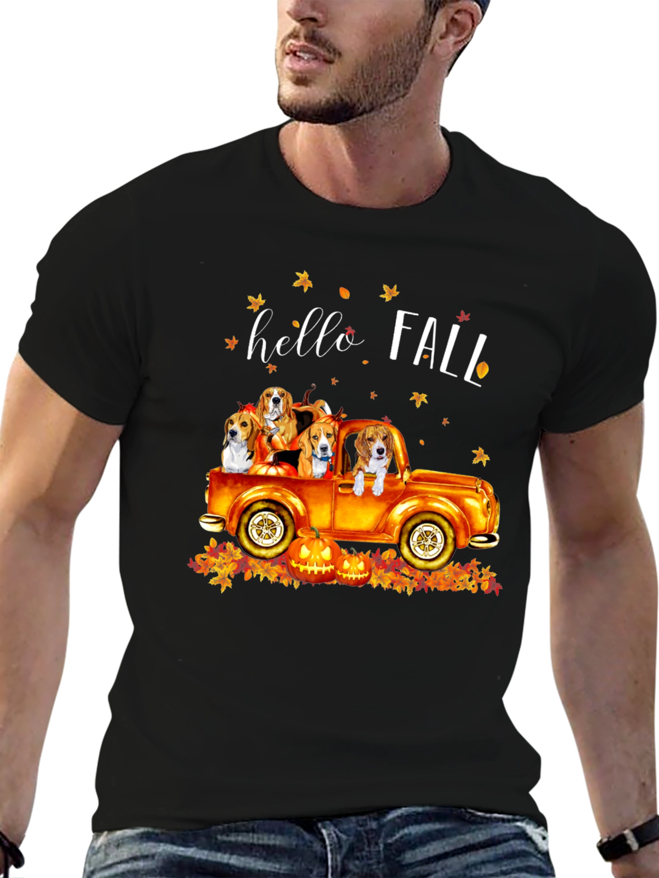 Camiseta Negra Hello Fall con Diseño de Perros