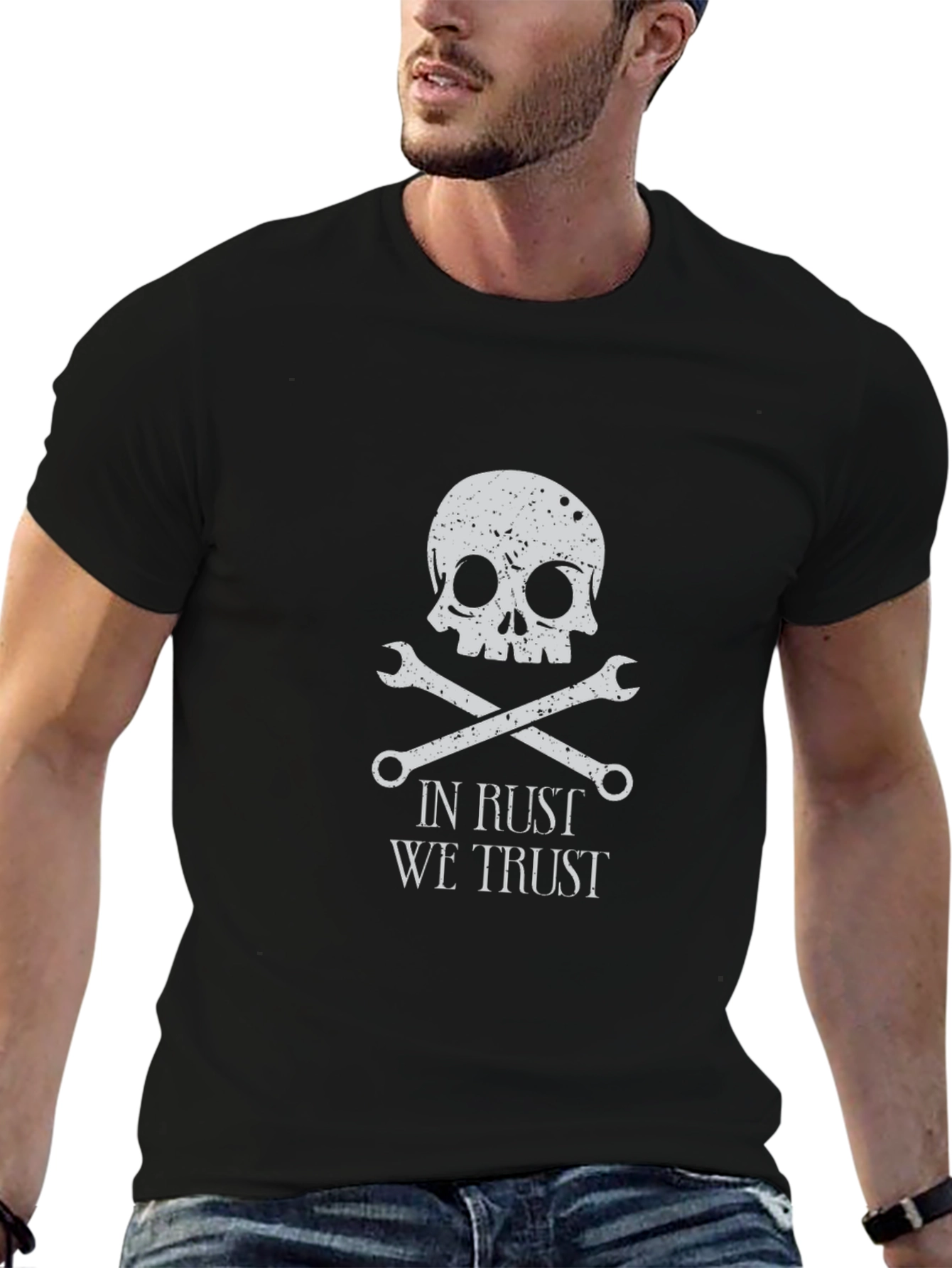 Camiseta Negra con Diseño de Calavera y Llaves Inglesas