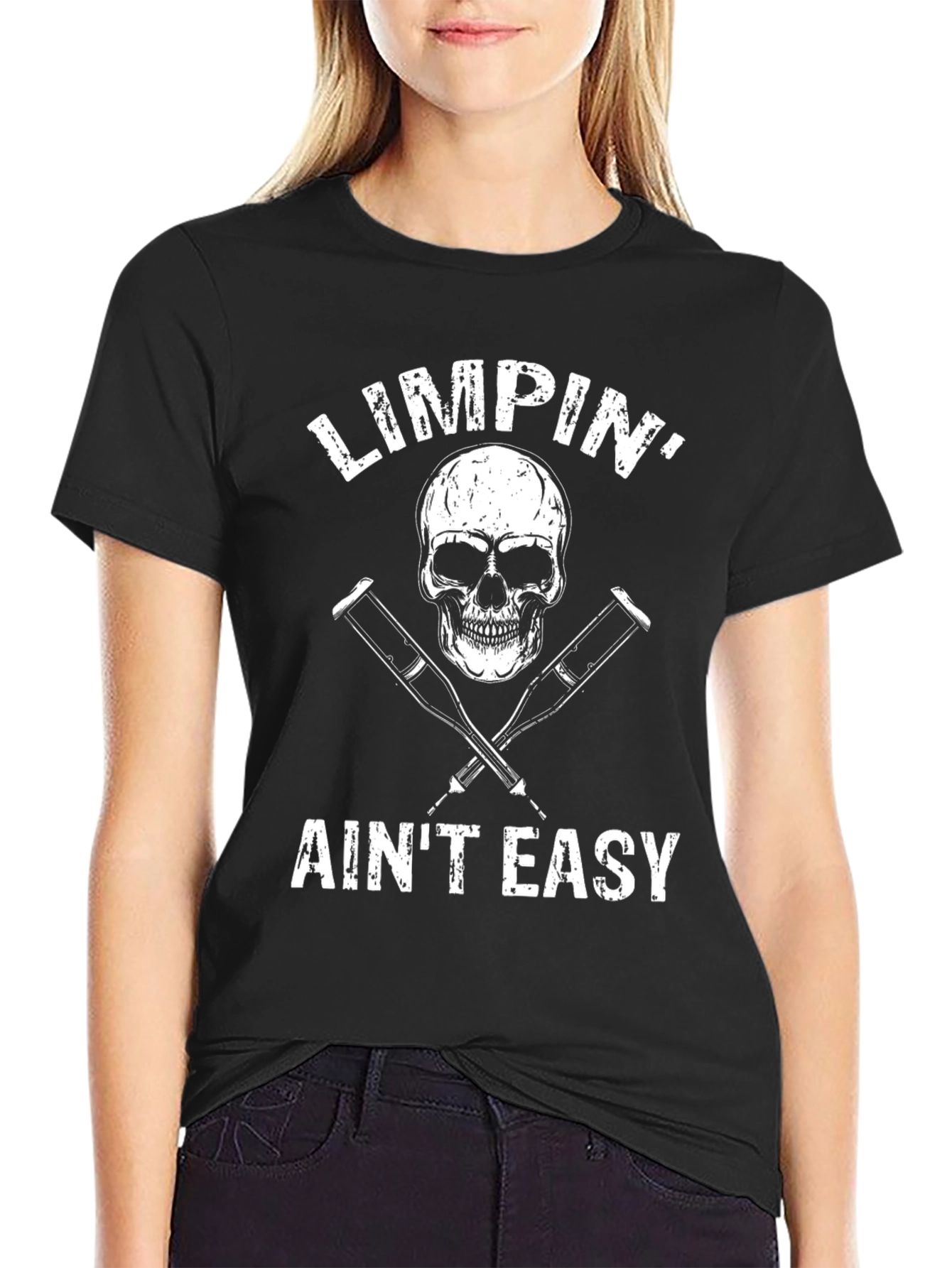 Camiseta Negra Calavera y Muletas - Limpin Aint Easy