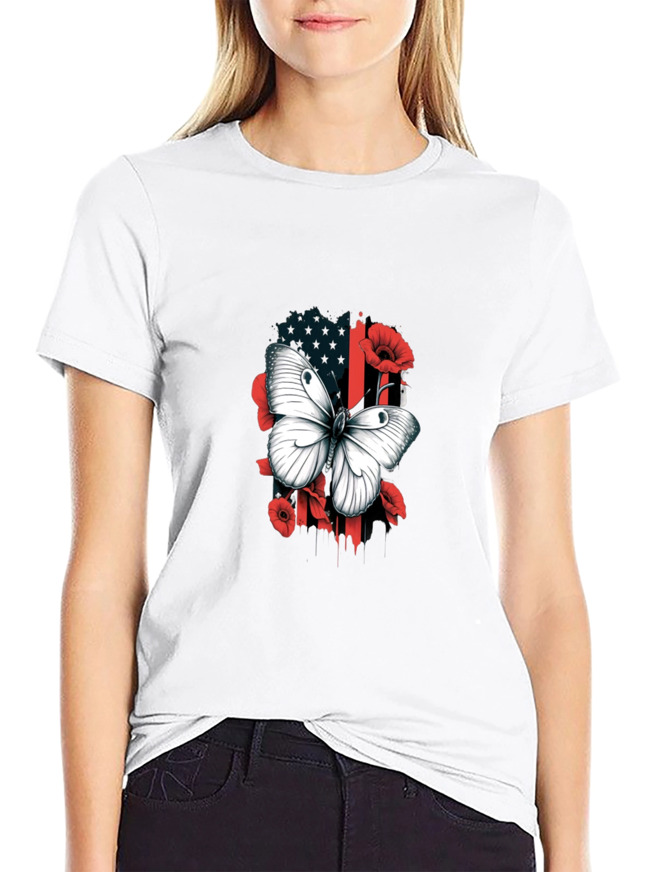 Camiseta Hombre con Mariposa y Diseño Floral Patriótico