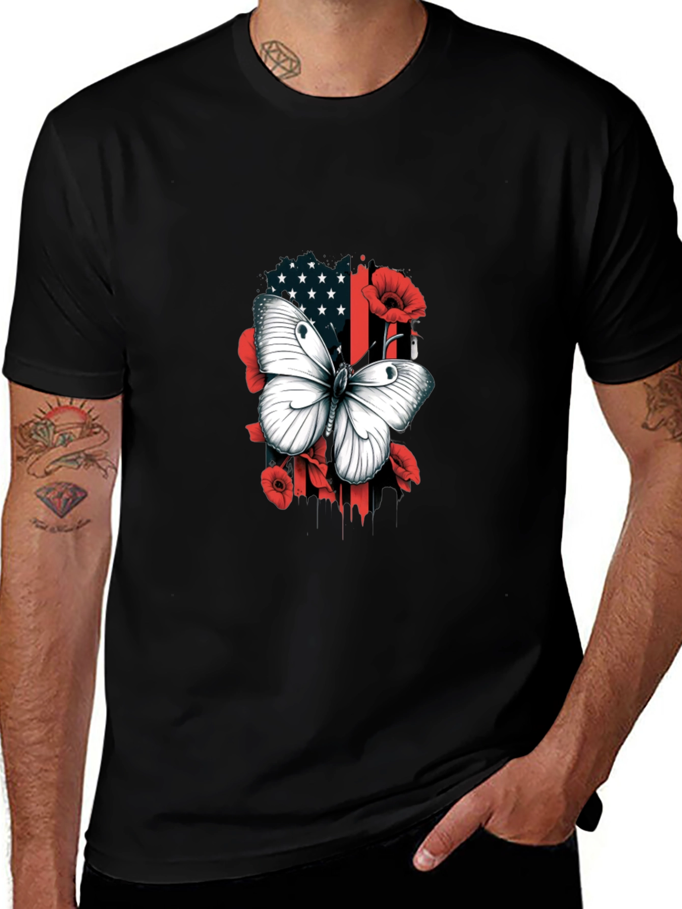 Camiseta Hombre con Mariposa y Diseño Floral Patriótico