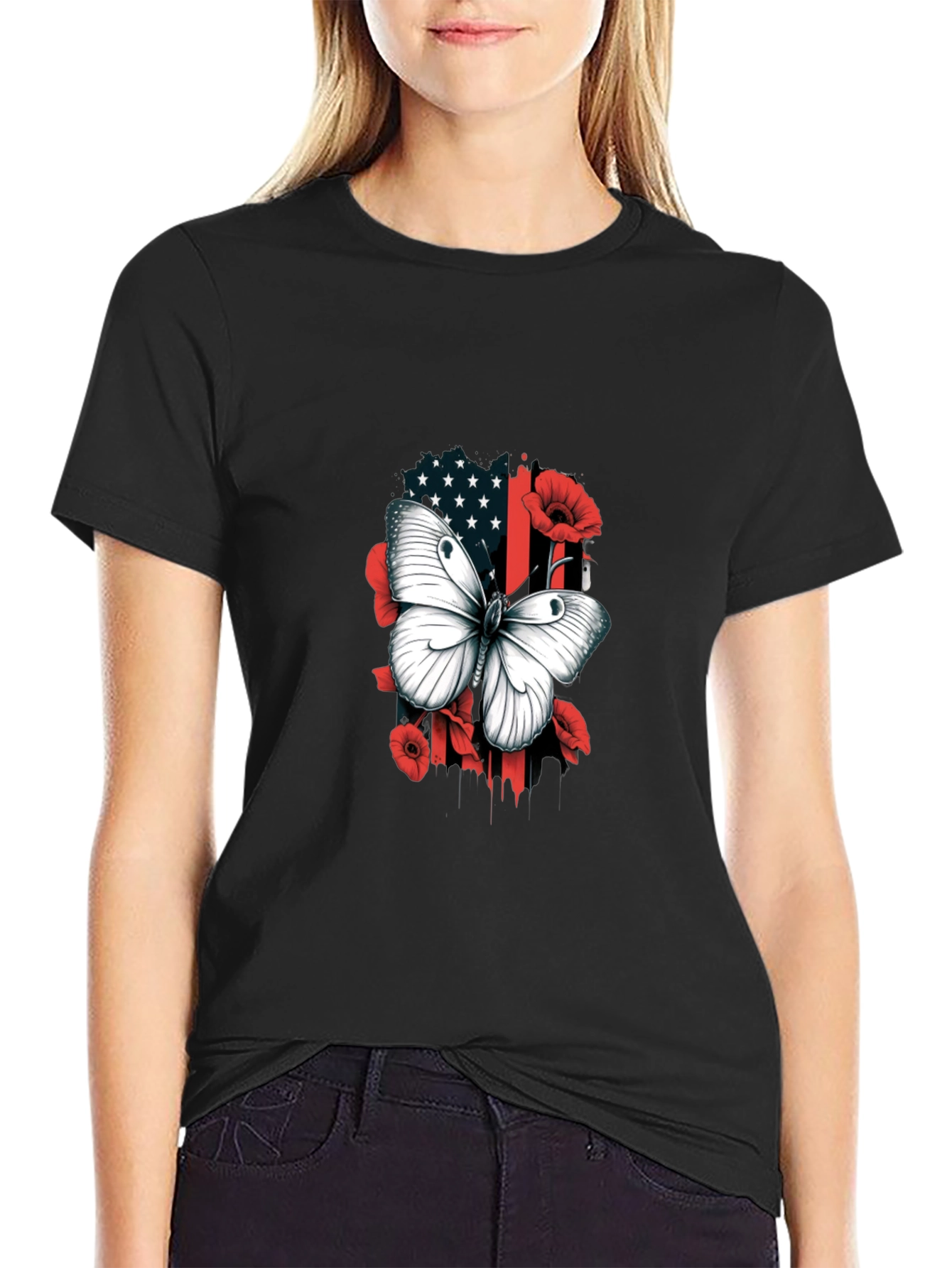 Camiseta Hombre con Mariposa y Diseño Floral Patriótico