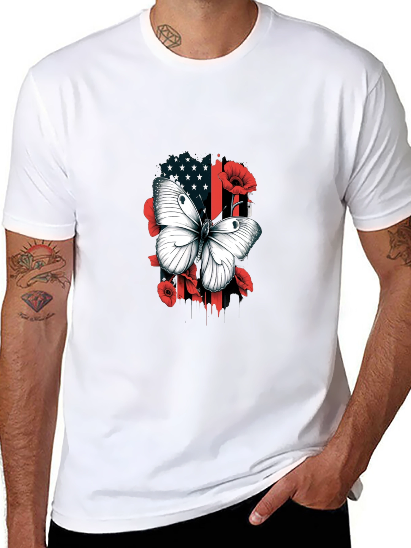 Camiseta Hombre con Mariposa y Diseño Floral Patriótico
