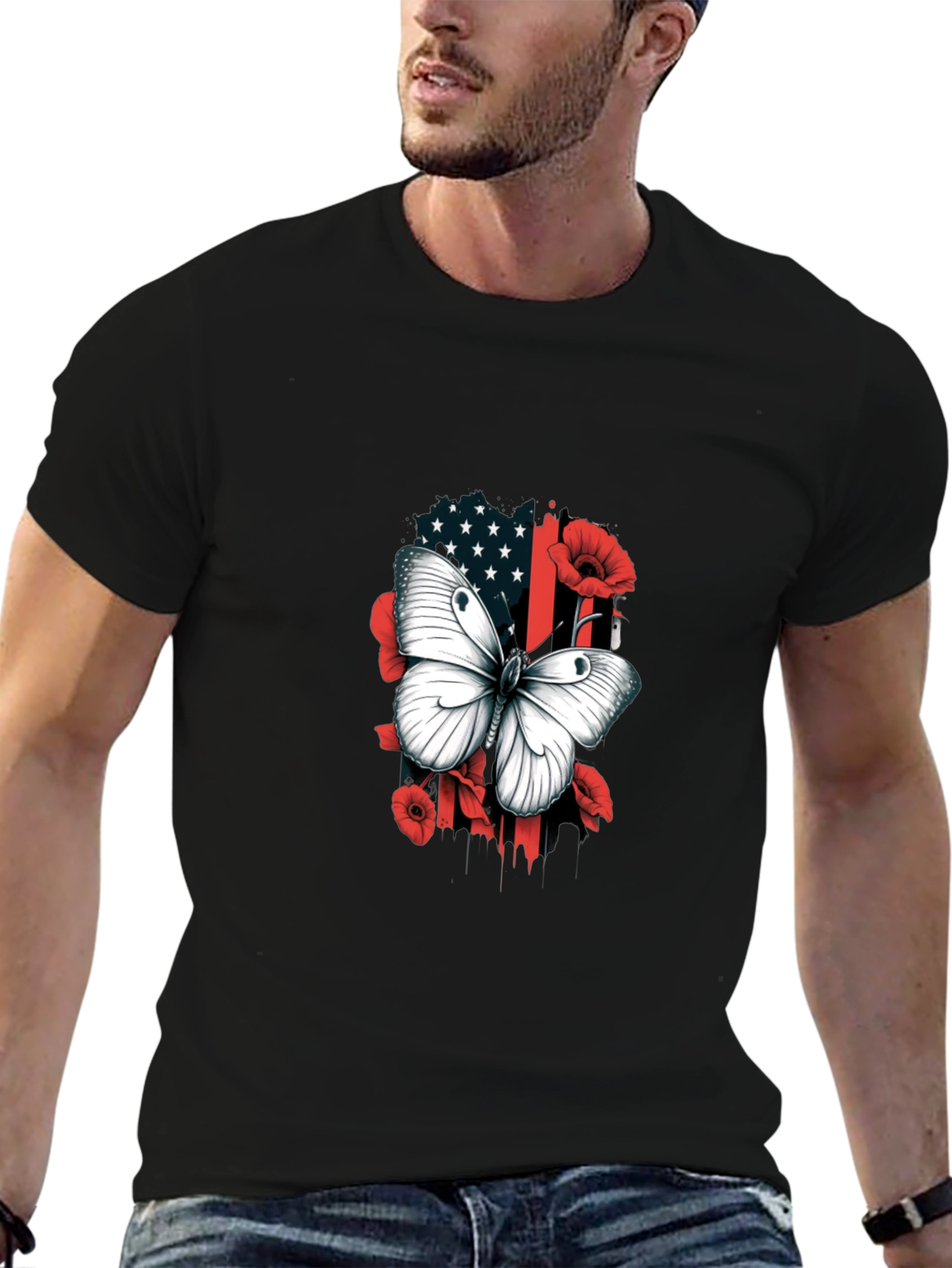 Camiseta Hombre con Mariposa y Diseño Floral Patriótico
