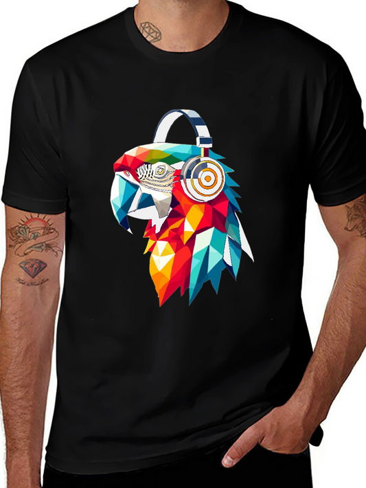 Camiseta Negra con Diseño de Loro Geométrico con Audífonos