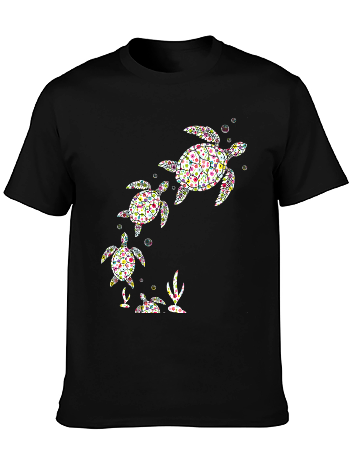 Camiseta Negra con Diseño de Tortugas Florales