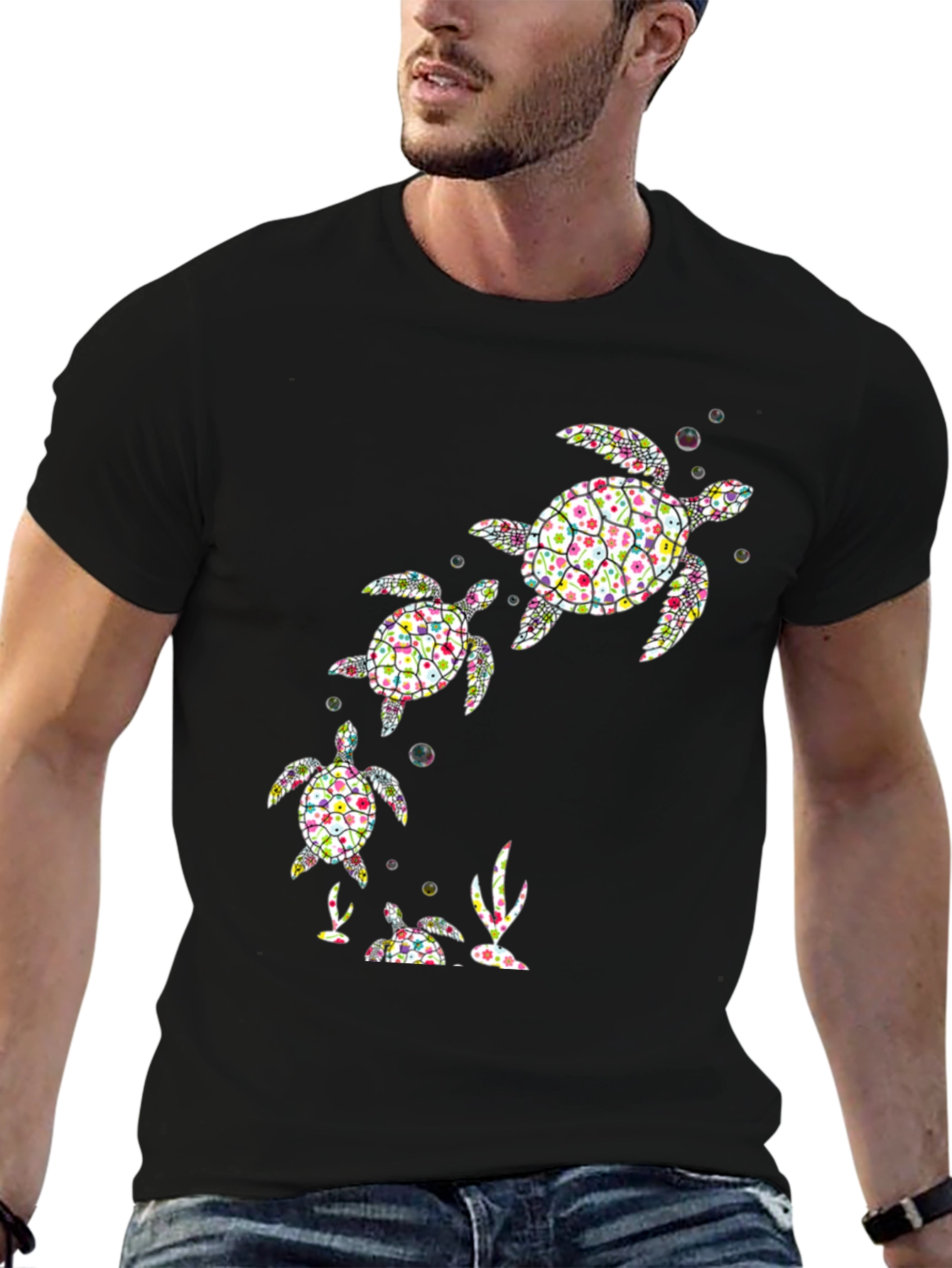 Camiseta Negra con Diseño de Tortugas Florales