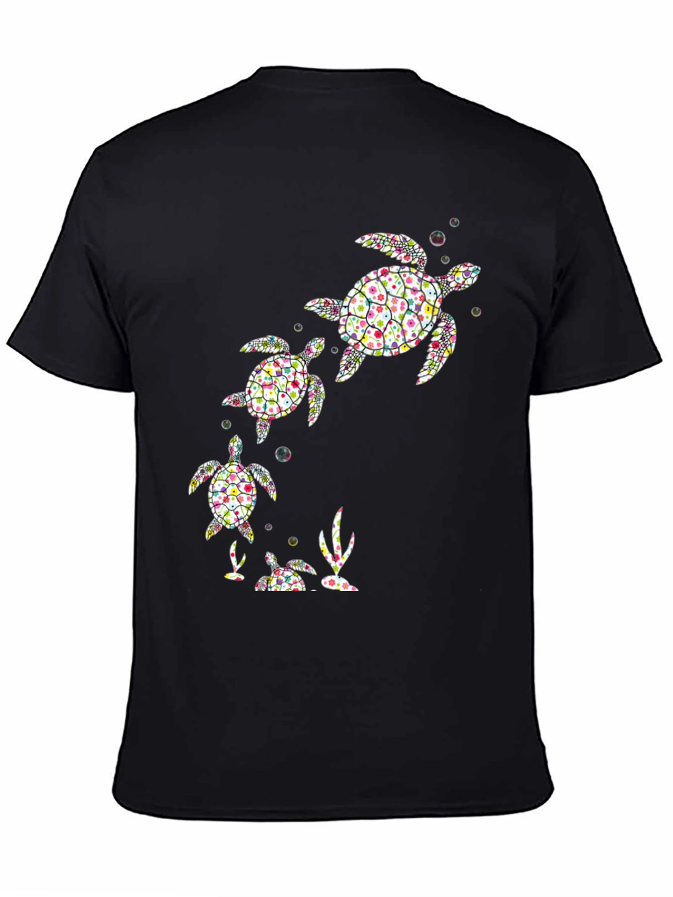 Camiseta Negra con Diseño de Tortugas Florales