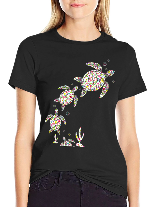 Camiseta Negra con Diseño de Tortugas Florales