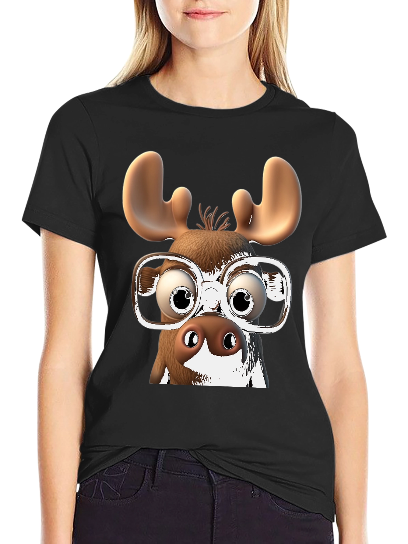 Camiseta Negra con Diseño de Alce Divertido