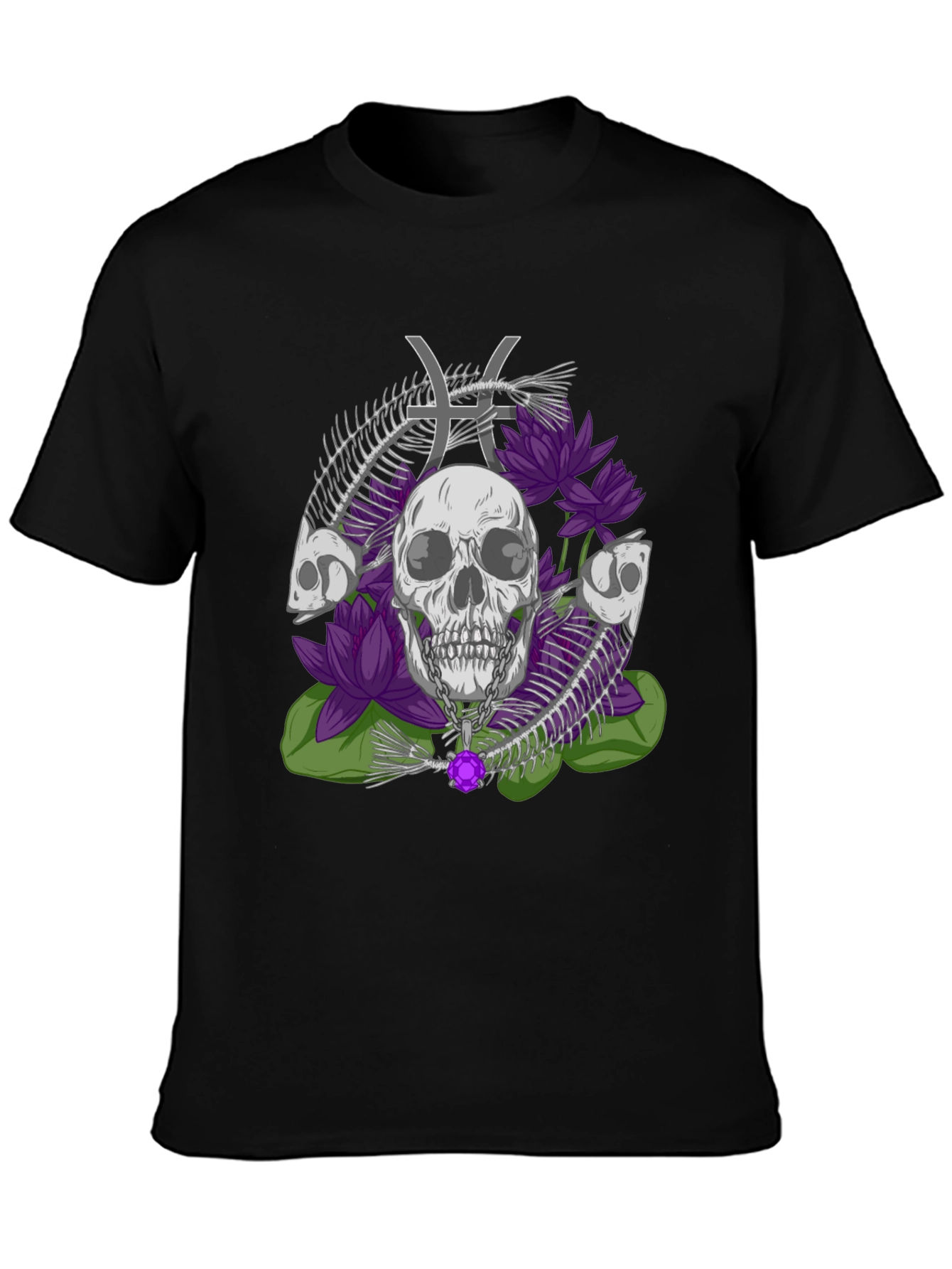 Camiseta Estampada: Calavera Flores y Signo Piscis